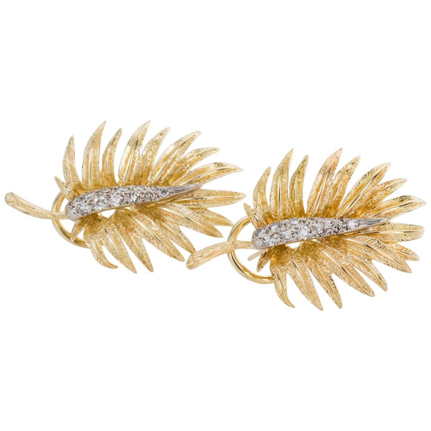 18 Karat Yellow and White Gold Diamond Fern Leaf Earrings