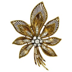 18 Karat Yellow and White Gold Diamond Flower Clip Brooch