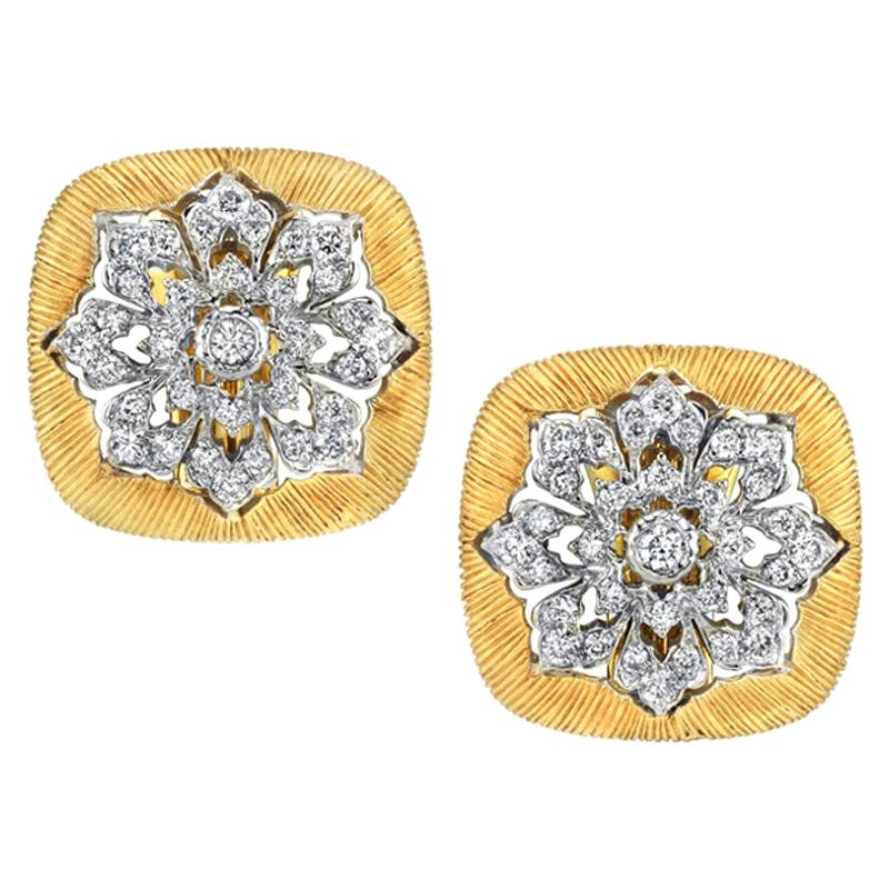Diamond & 18k Yellow and White Gold Florentine Square French Clip Post Earrings