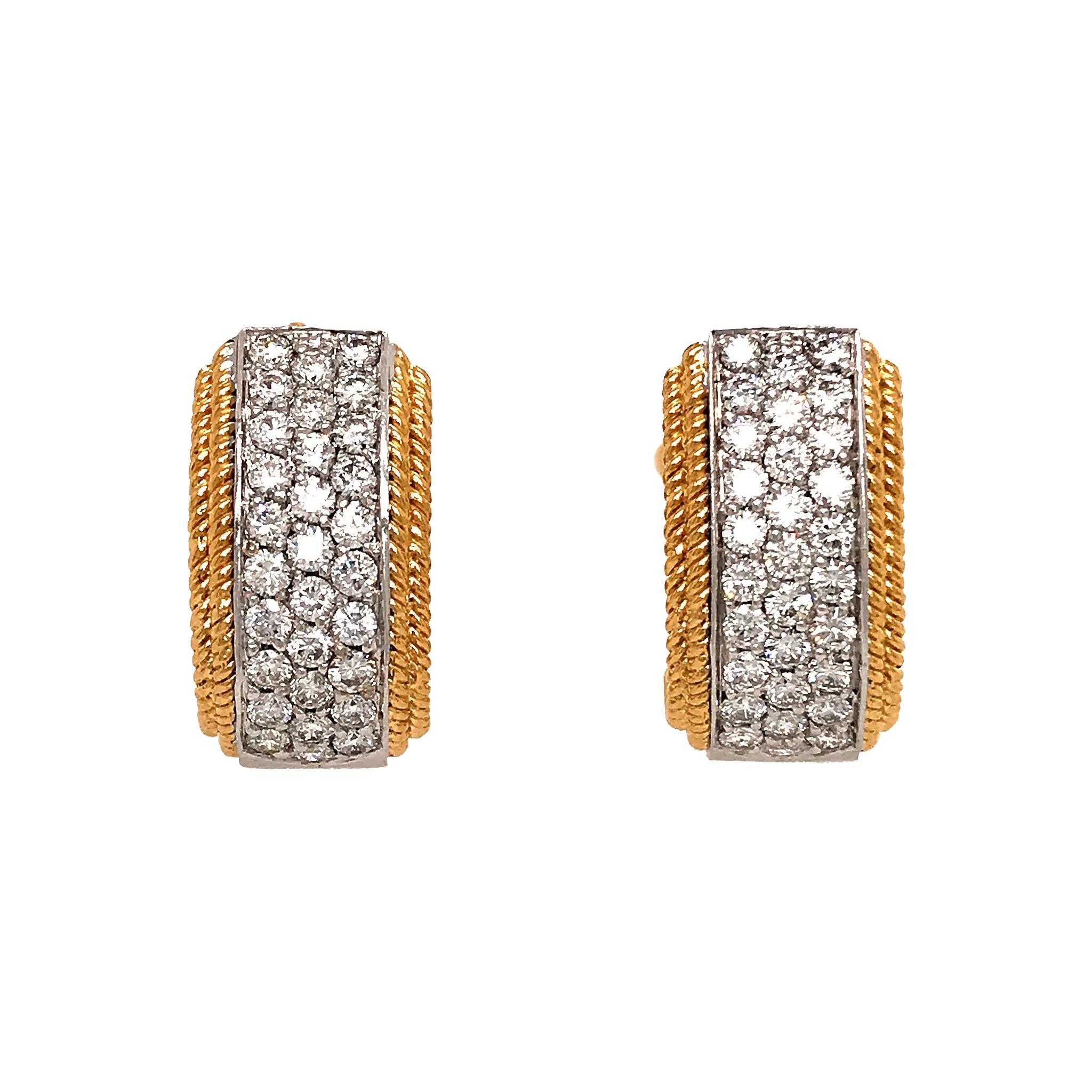 18 Karat Yellow and White Gold Diamond Huggie Earrings