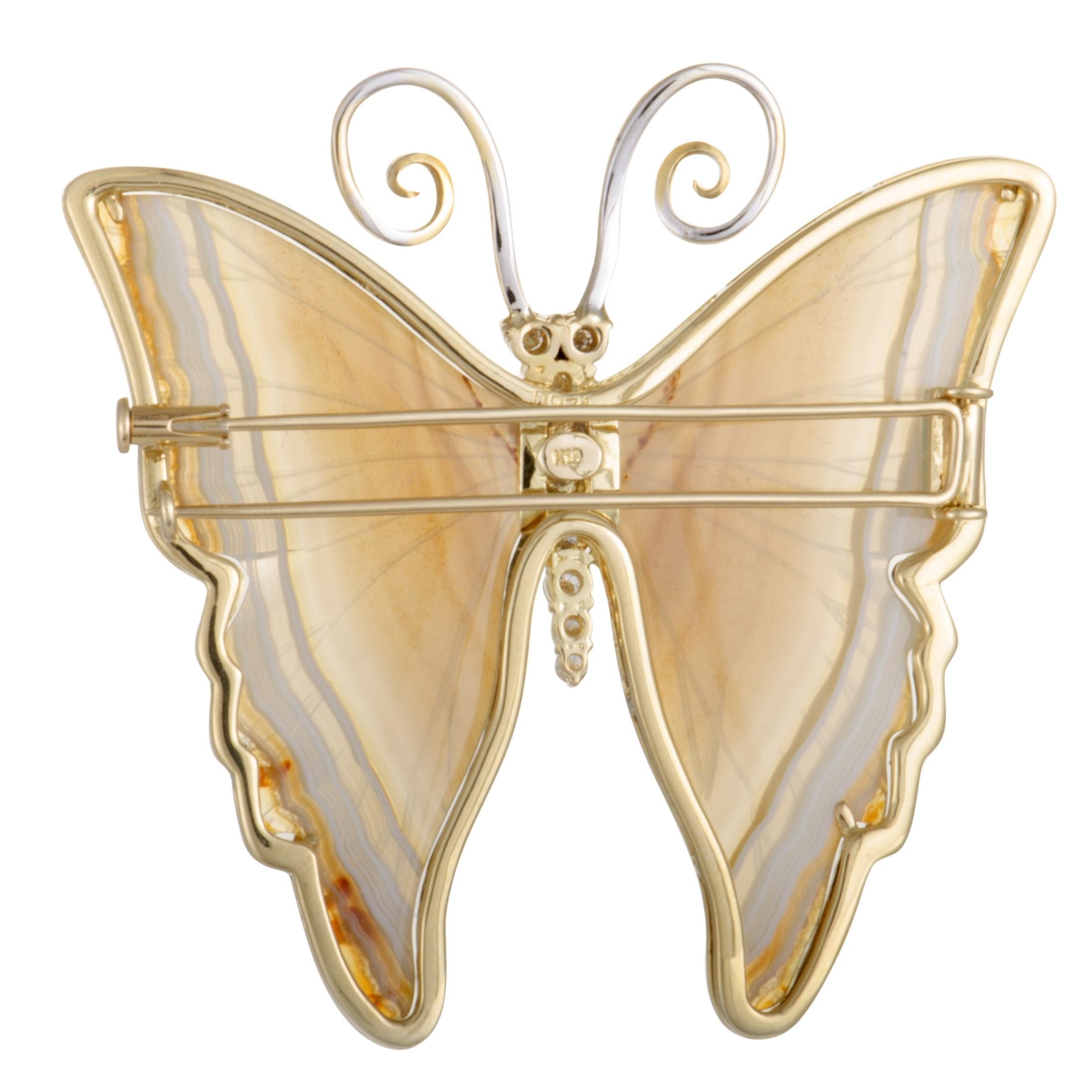 18 Karat Yellow and White Gold Diamonds and White Onyx Butterfly Brooch In Excellent Condition In Southampton, PA