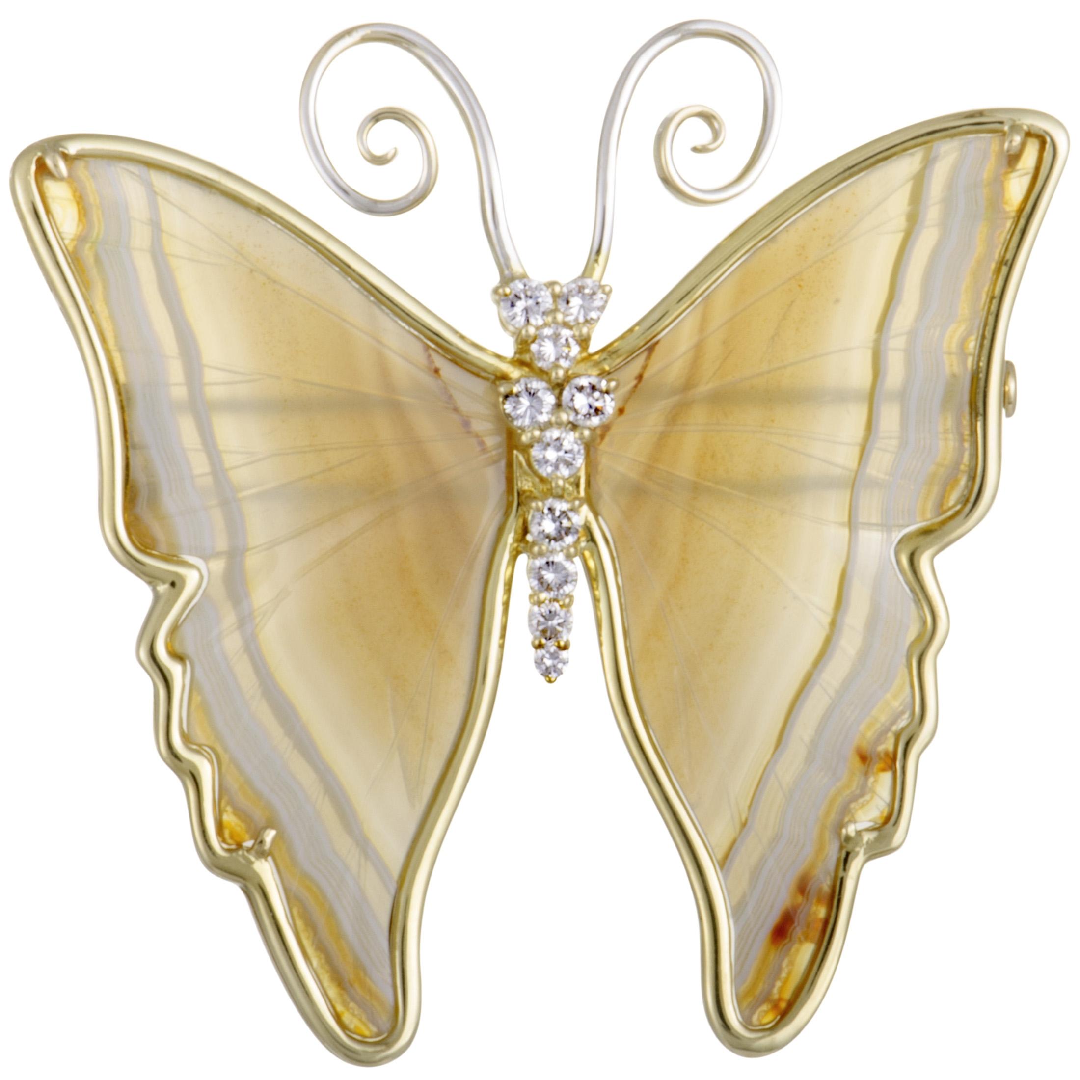 18 Karat Yellow and White Gold Diamonds and White Onyx Butterfly Brooch