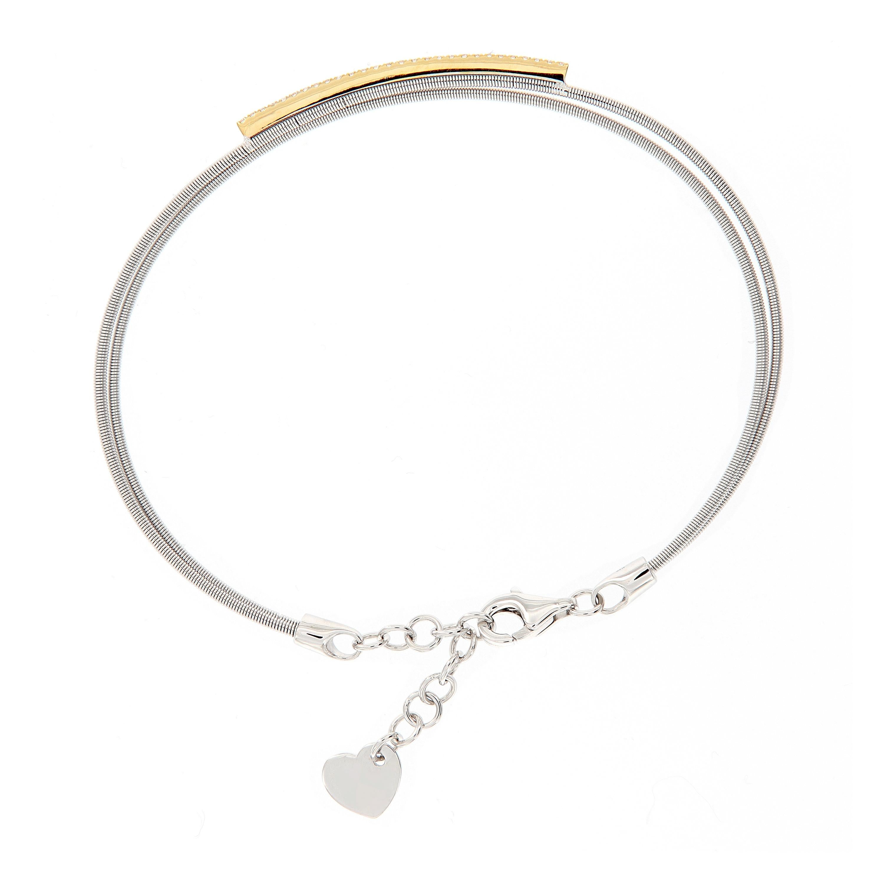Taille ronde Bracelet manchette à double fil en or jaune et blanc 18 carats et diamants en vente
