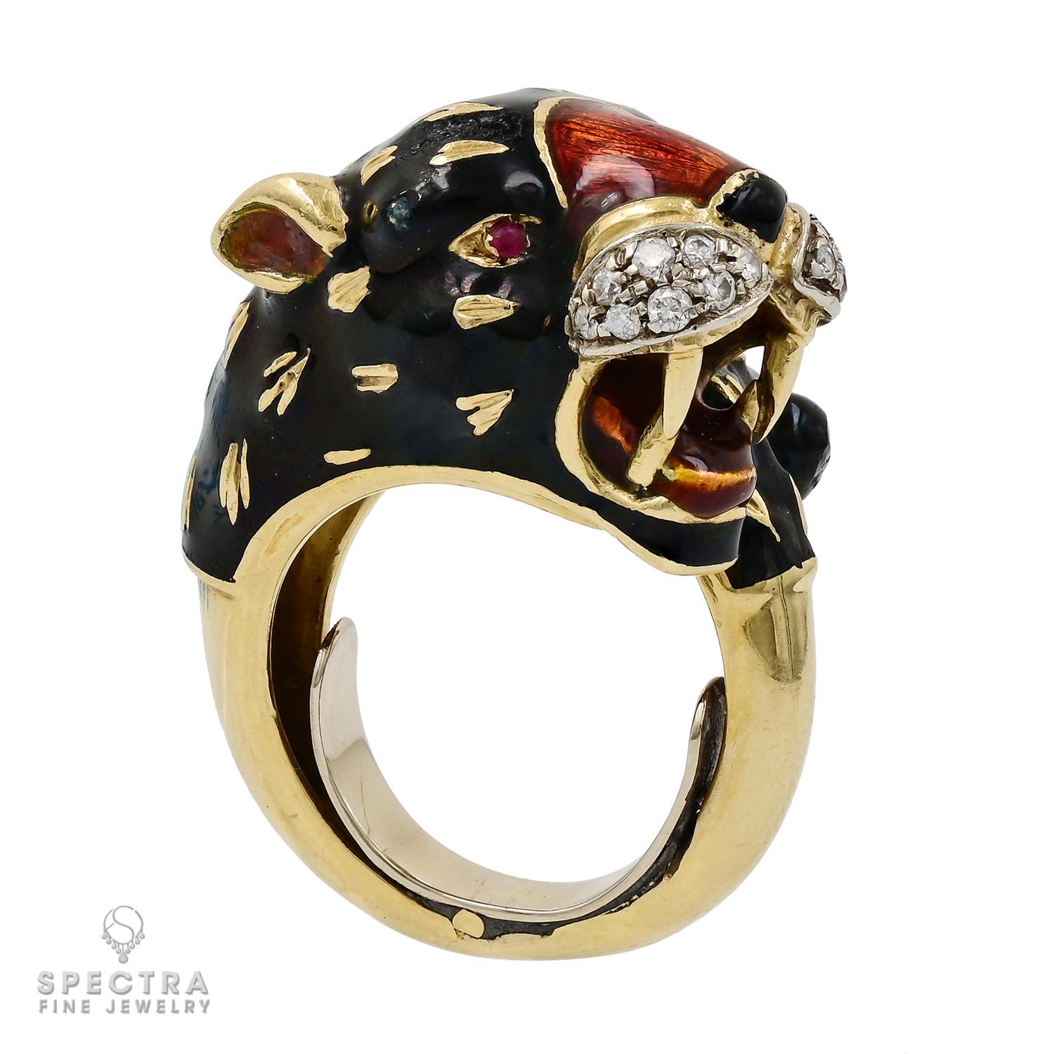 This exquisite Diamond Enamel Leopard ring showcases a captivating creature that entirely transforms its form. Crafted in the 21st century from 18k yellow and white gold, the leopard's design is nothing short of enchanting. The feline's head