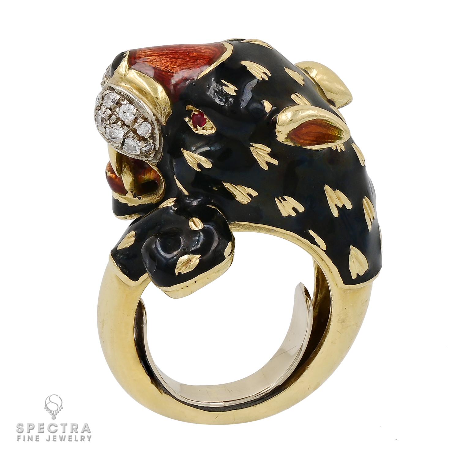 Contemporary Diamond Enamel Leopard Cocktail Ring For Sale