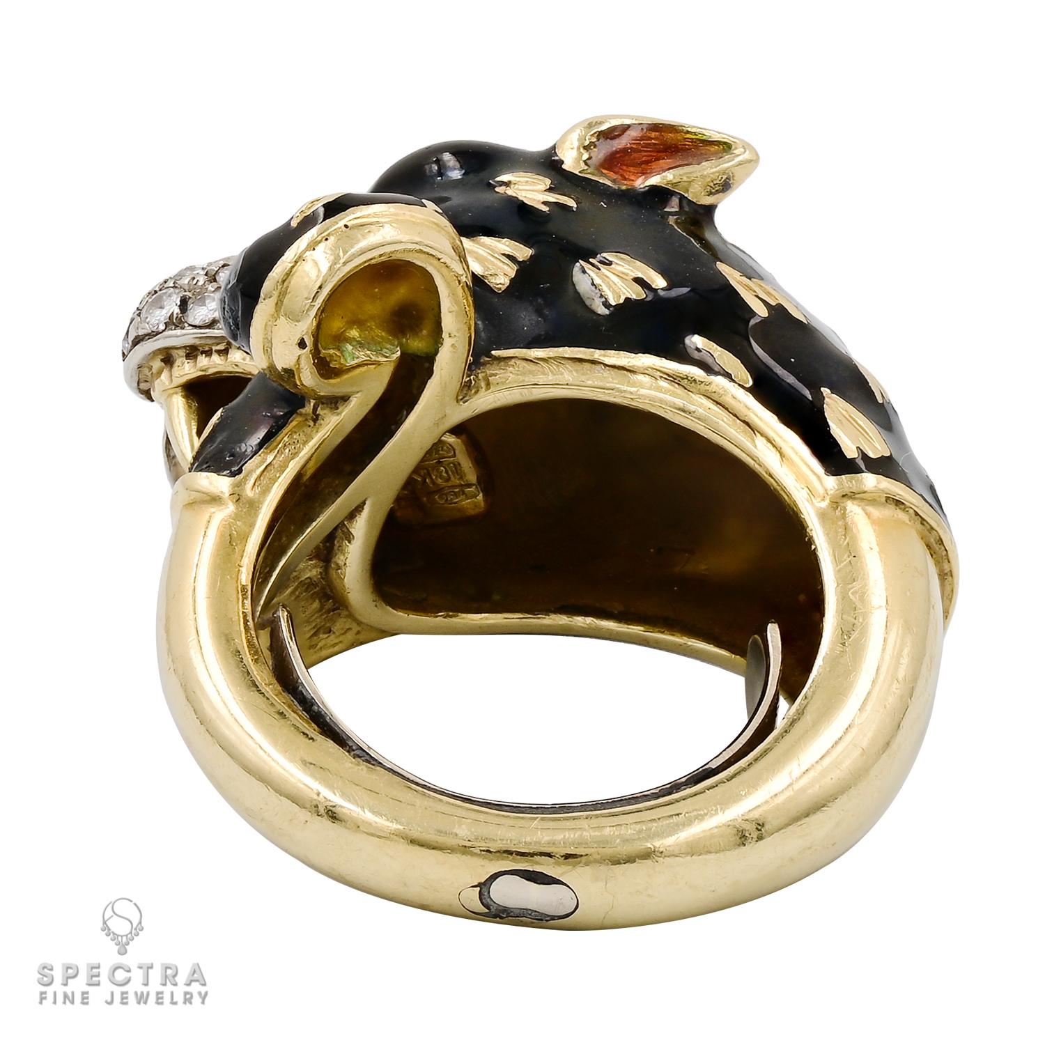 Mixed Cut Diamond Enamel Leopard Cocktail Ring For Sale