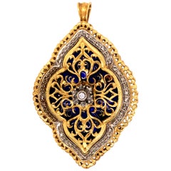 18 Karat Yellow and White Gold Enamel Rose Cut Diamond Brooch Pendant