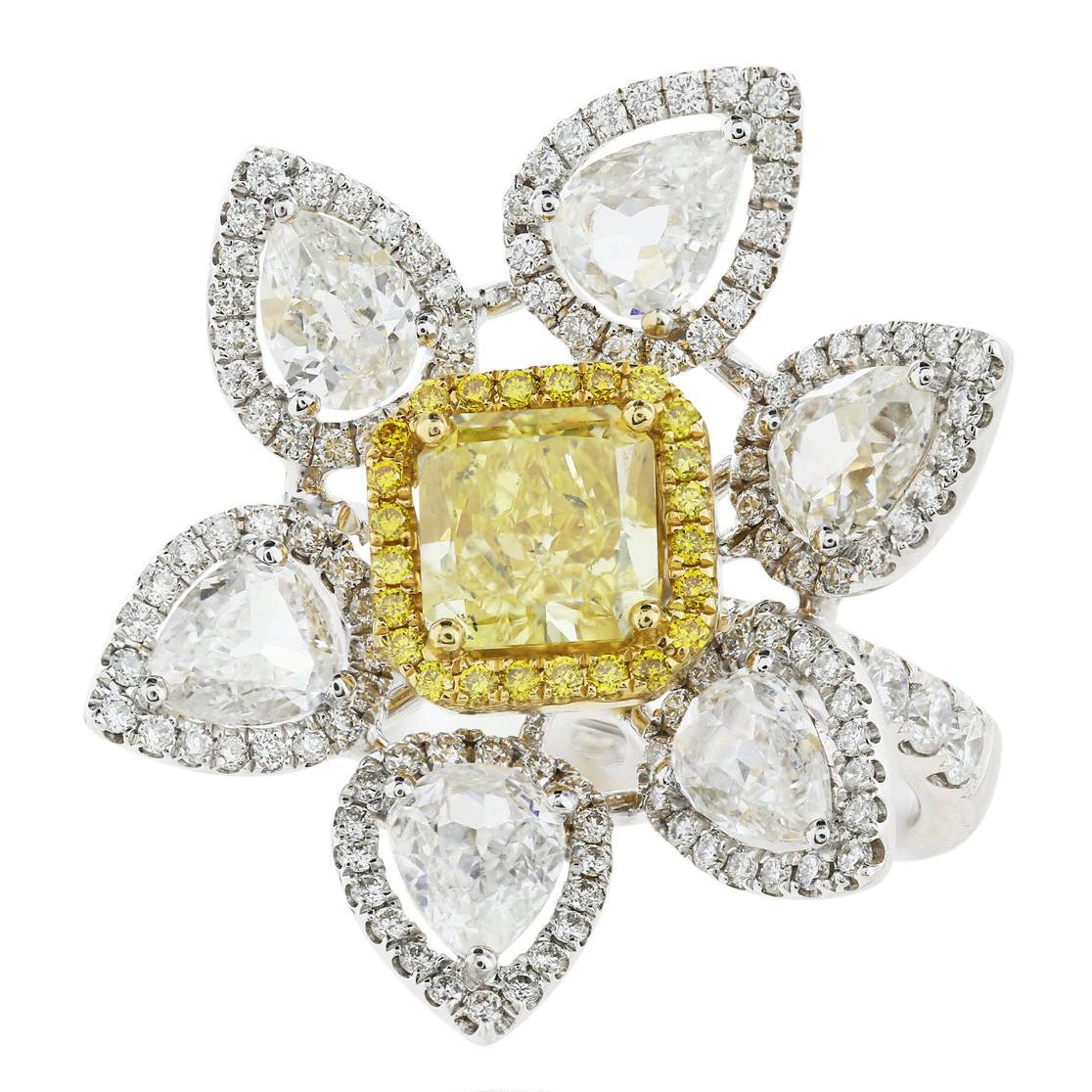 18 Karat Yellow and White Gold Flower Motif Fancy Intense Yellow Diamond Ring For Sale