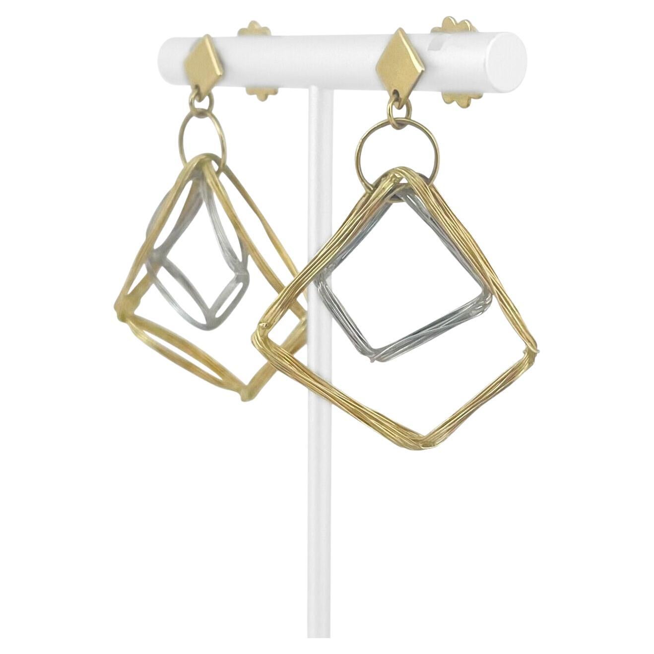18 Karat Yellow and White Gold Geometric Wire Drop Dangle Earrings, Italy