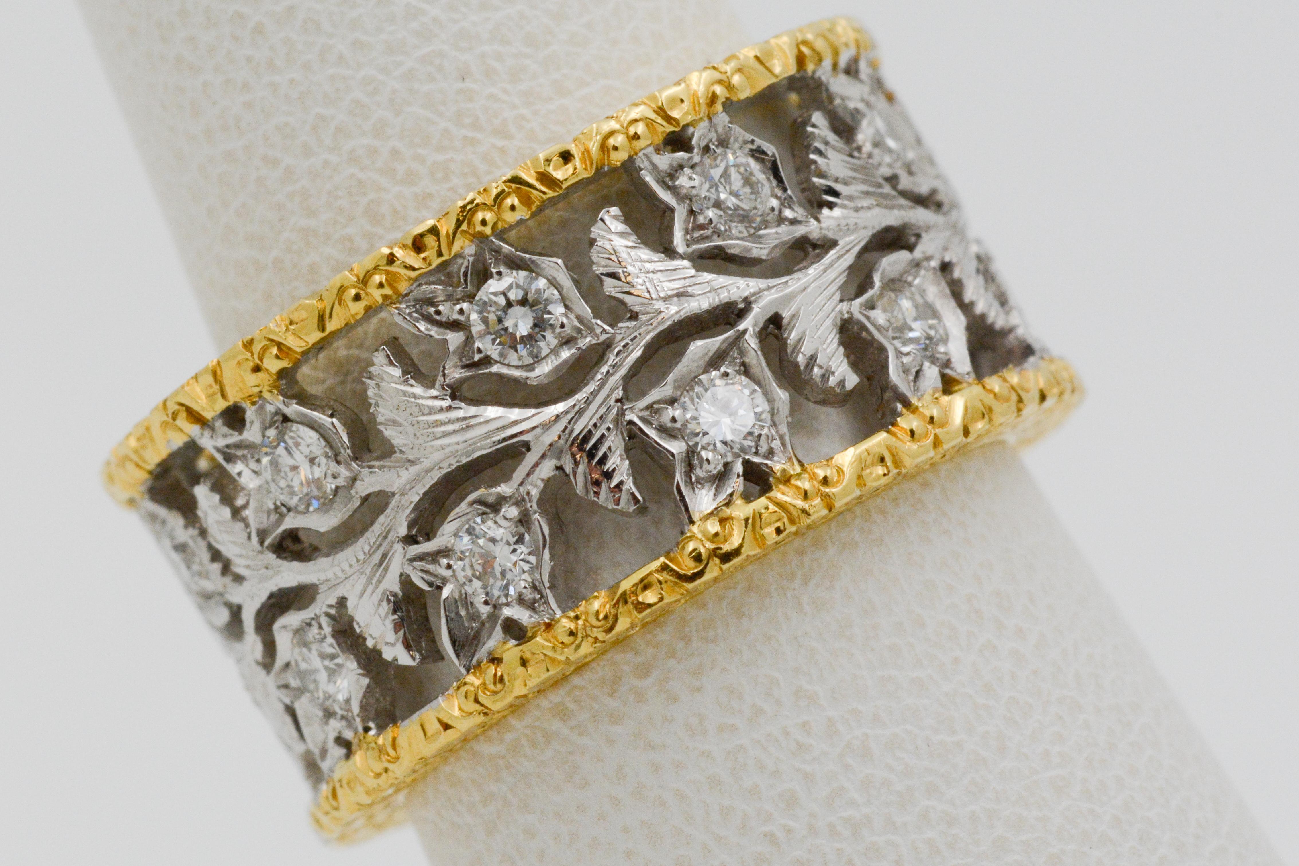 Modern 18 Karat Yellow and White Gold Hand Engraved Filigree Leaf Pattern Eternity Band