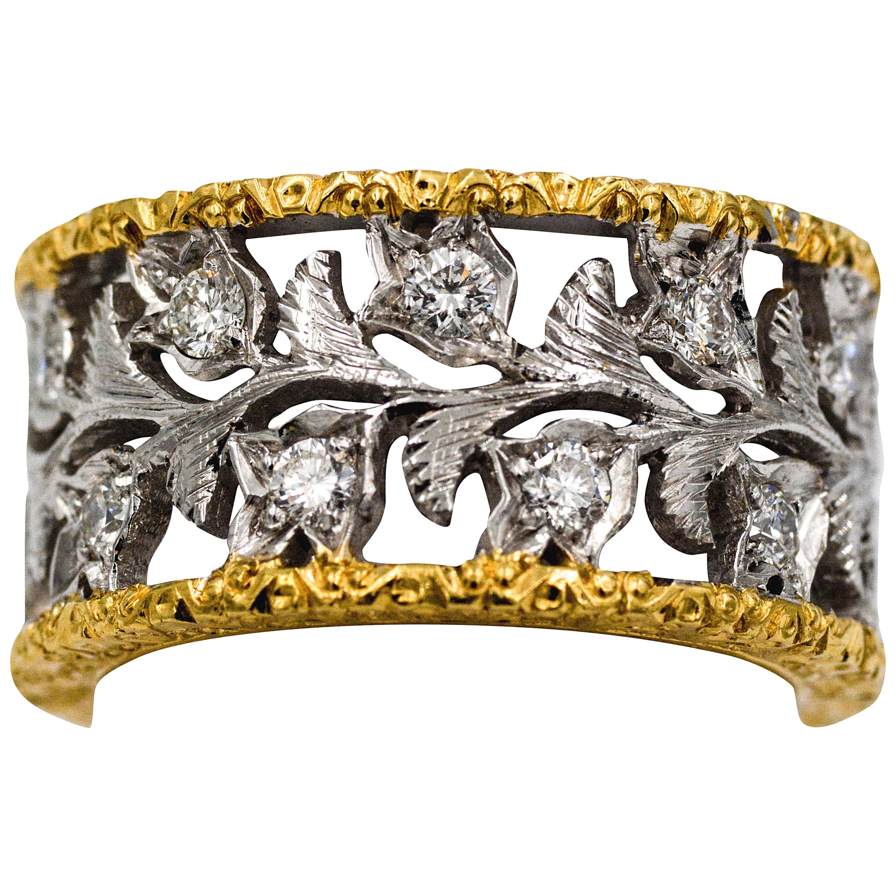 18 Karat Yellow and White Gold Hand Engraved Filigree Leaf Pattern Eternity Band