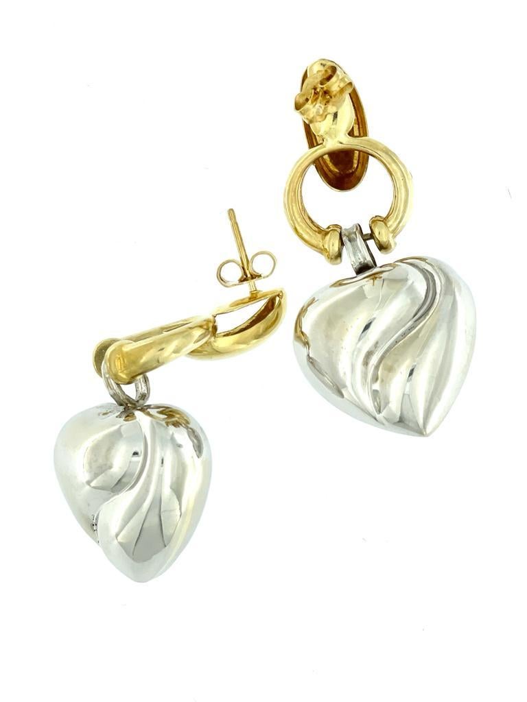 Women's 18 karat Yellow and White Gold Heart Dangle Earrings For Sale
