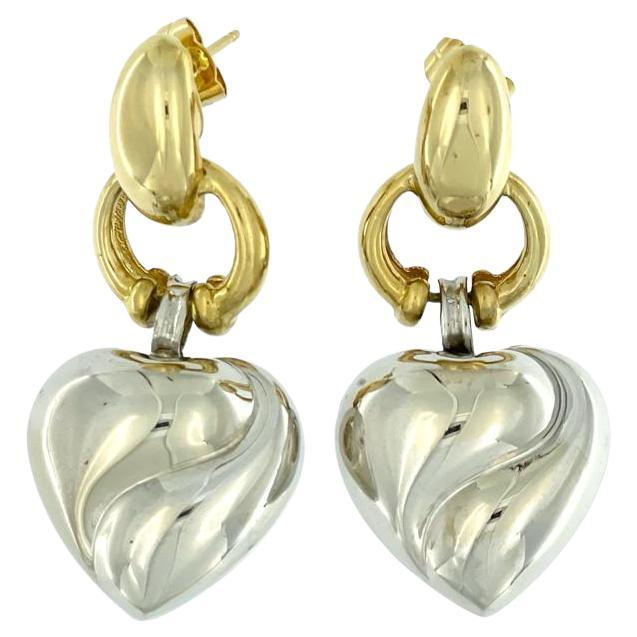 18 karat Yellow and White Gold Heart Dangle Earrings For Sale