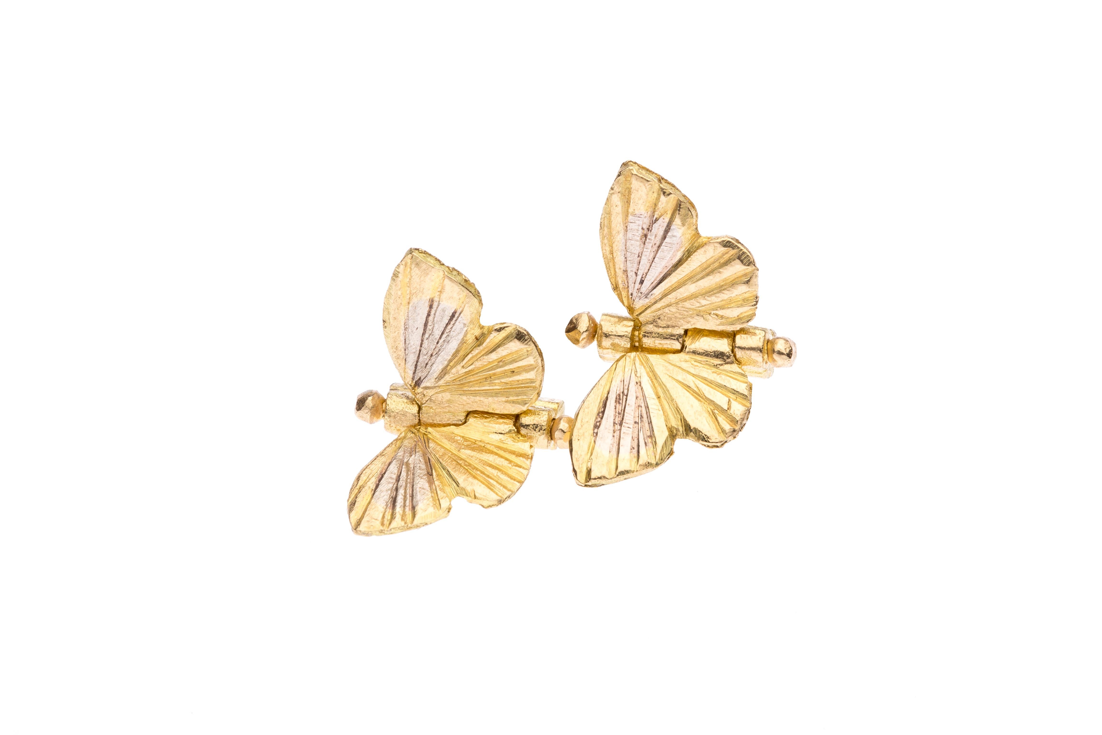 James Banks's signature butterfly stud earrings feature two Tiny Asterope butterflies with a hinge in the center to allow the wings to move, set in 18k Yellow Gold with 18k White Gold inlay. 
18k Yellow Gold, 18k White Gold
Handmade in Northern