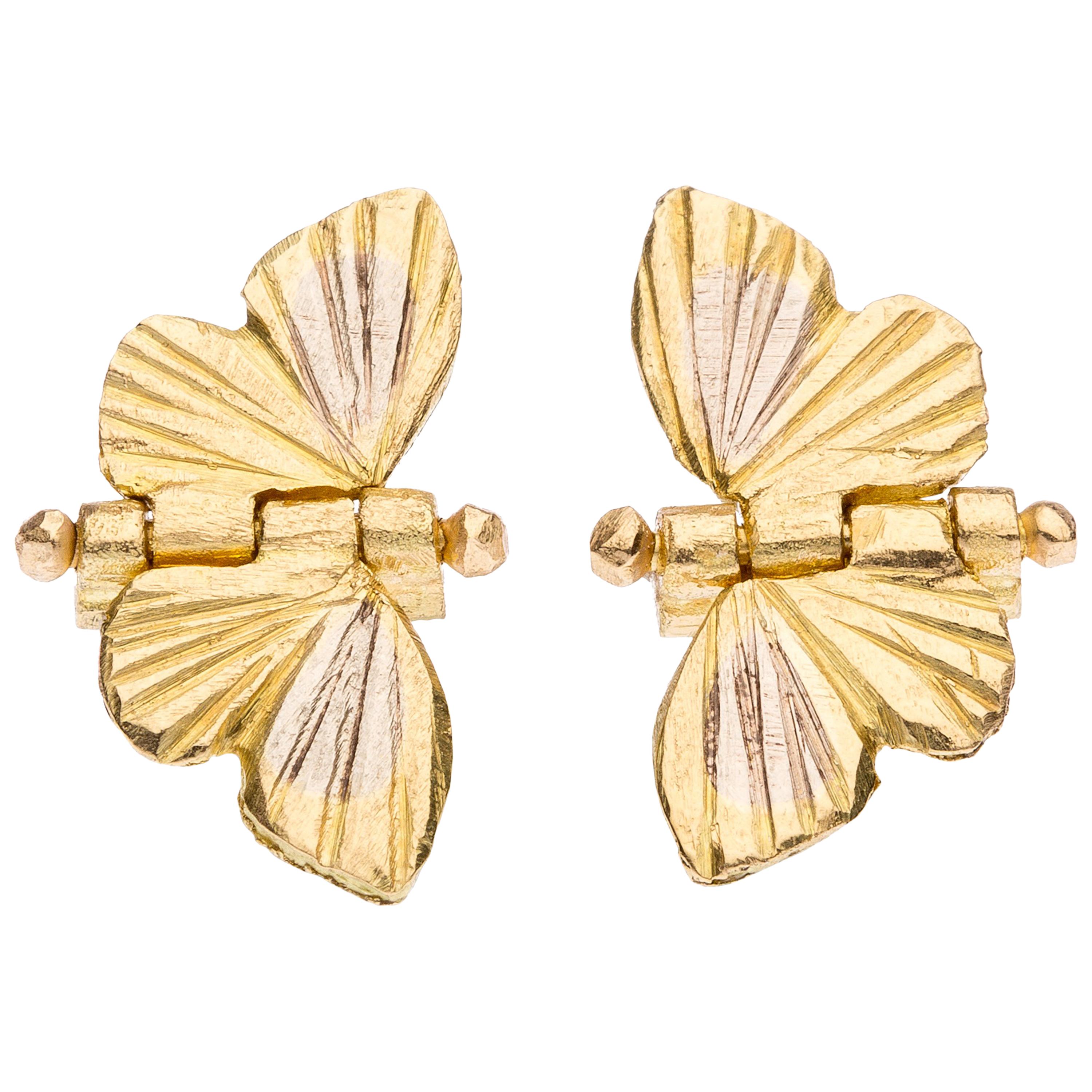 18 Karat Yellow and White Gold Inlay Tiny Asterope Hinge Butterfly Earrings  For Sale