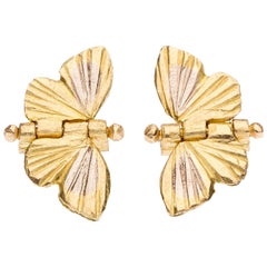 18 Karat Yellow and White Gold Inlay Tiny Asterope Hinge Butterfly Earrings 