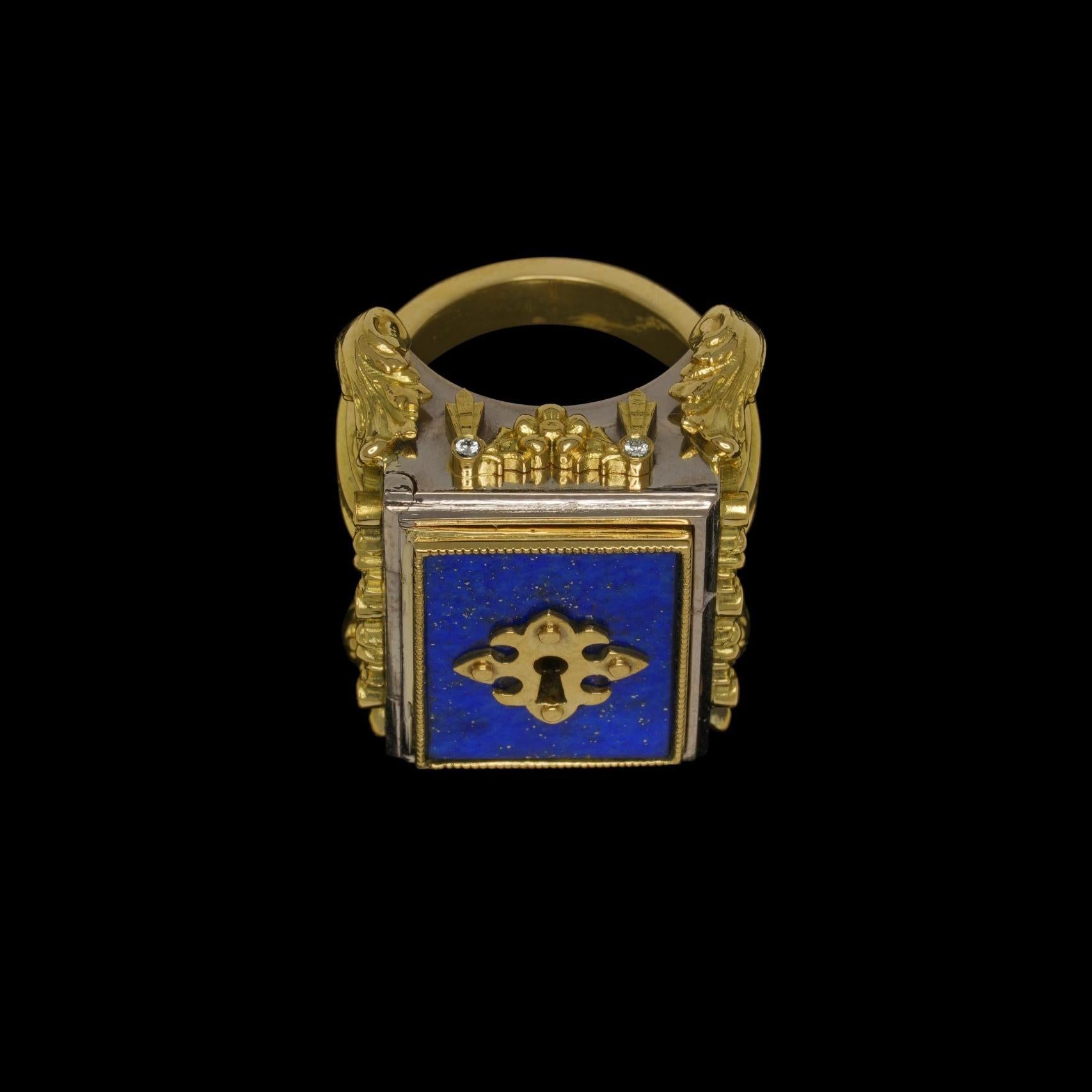 18 Karat Yellow and White Gold, Lapis Lazuli and Diamond Celestial Chamber Ring For Sale 11