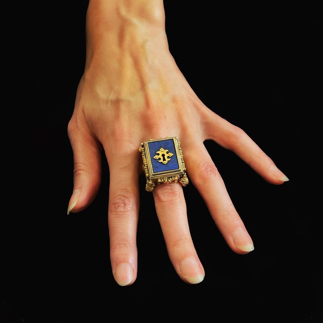 Baroque 18 Karat Yellow and White Gold, Lapis Lazuli and Diamond Celestial Chamber Ring For Sale