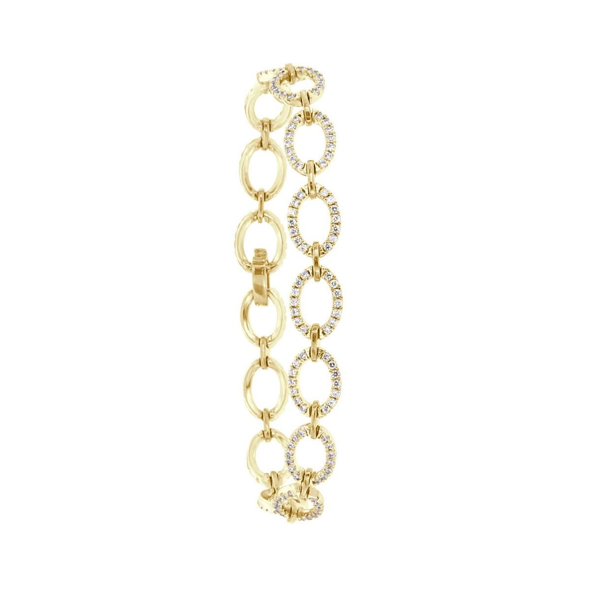 Round Cut 18 Karat Yellow and White Gold Oval Link Diamond Bracelet '1 3/4 Carat' For Sale