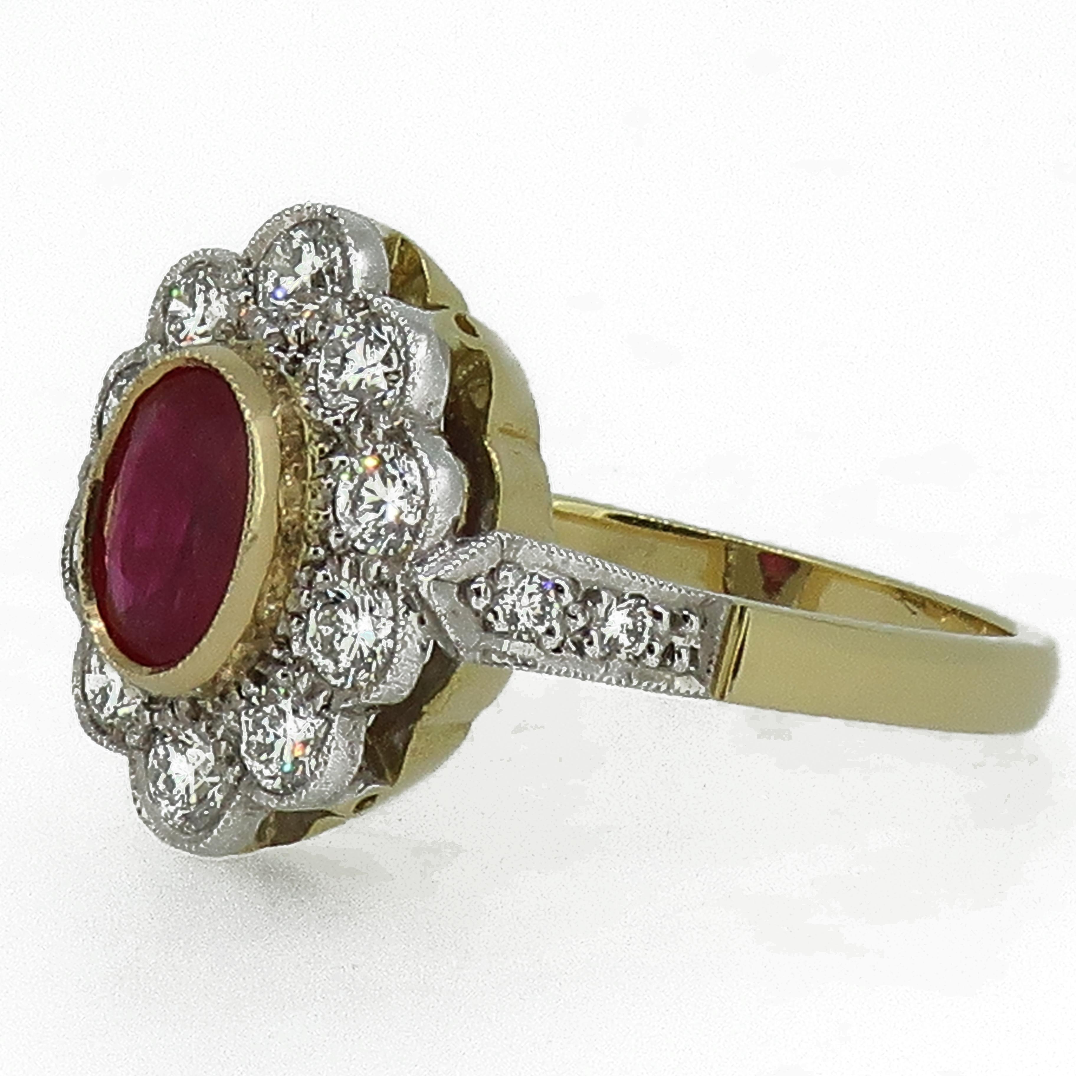 18 Karat Gold Oval Ruby & Diamond Art Deco Style Cluster Ring.

A classic ruby red oval ruby ring, weighing just under 1ct at 0.97ct. The ruby is set off beautifully in a yellow gold fine mill-grain bezel, surrounded by ten white brilliant cut