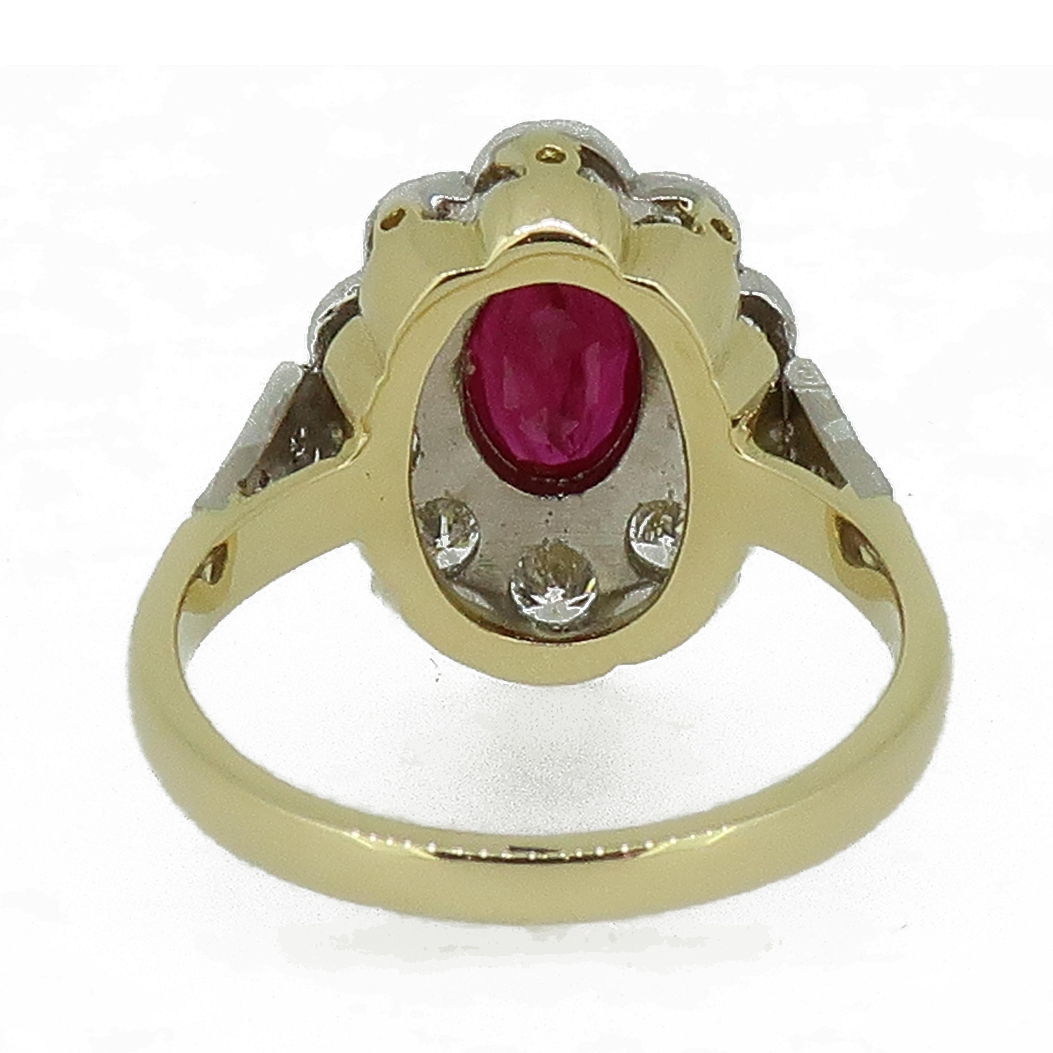 18 Karat Yellow and White Gold Oval Ruby and Diamond Art Deco Style Cluster Ring In New Condition For Sale In East Grinstead, GB