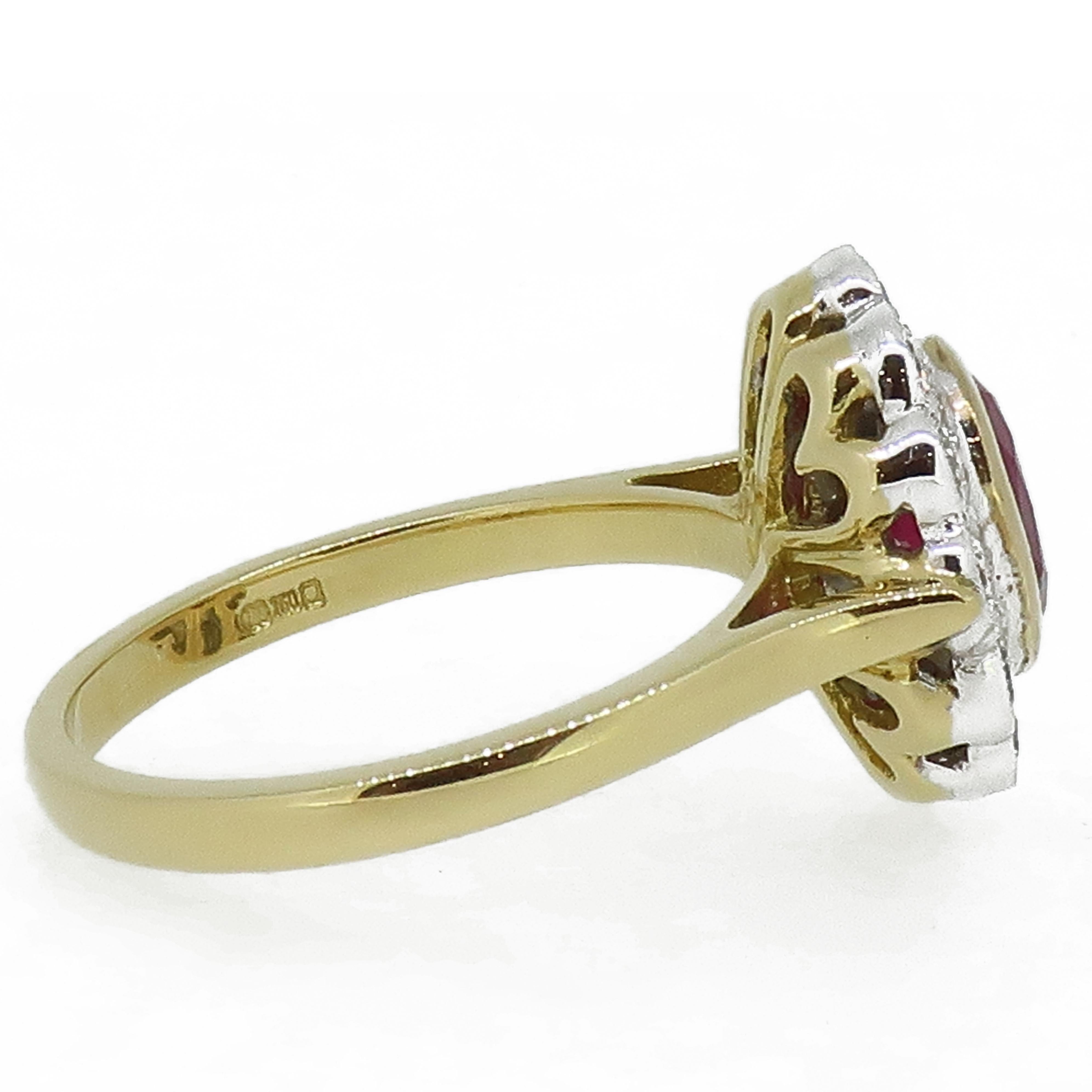 18 Karat Yellow and White Gold Oval Ruby and Diamond Art Deco Style Cluster Ring In New Condition For Sale In East Grinstead, GB