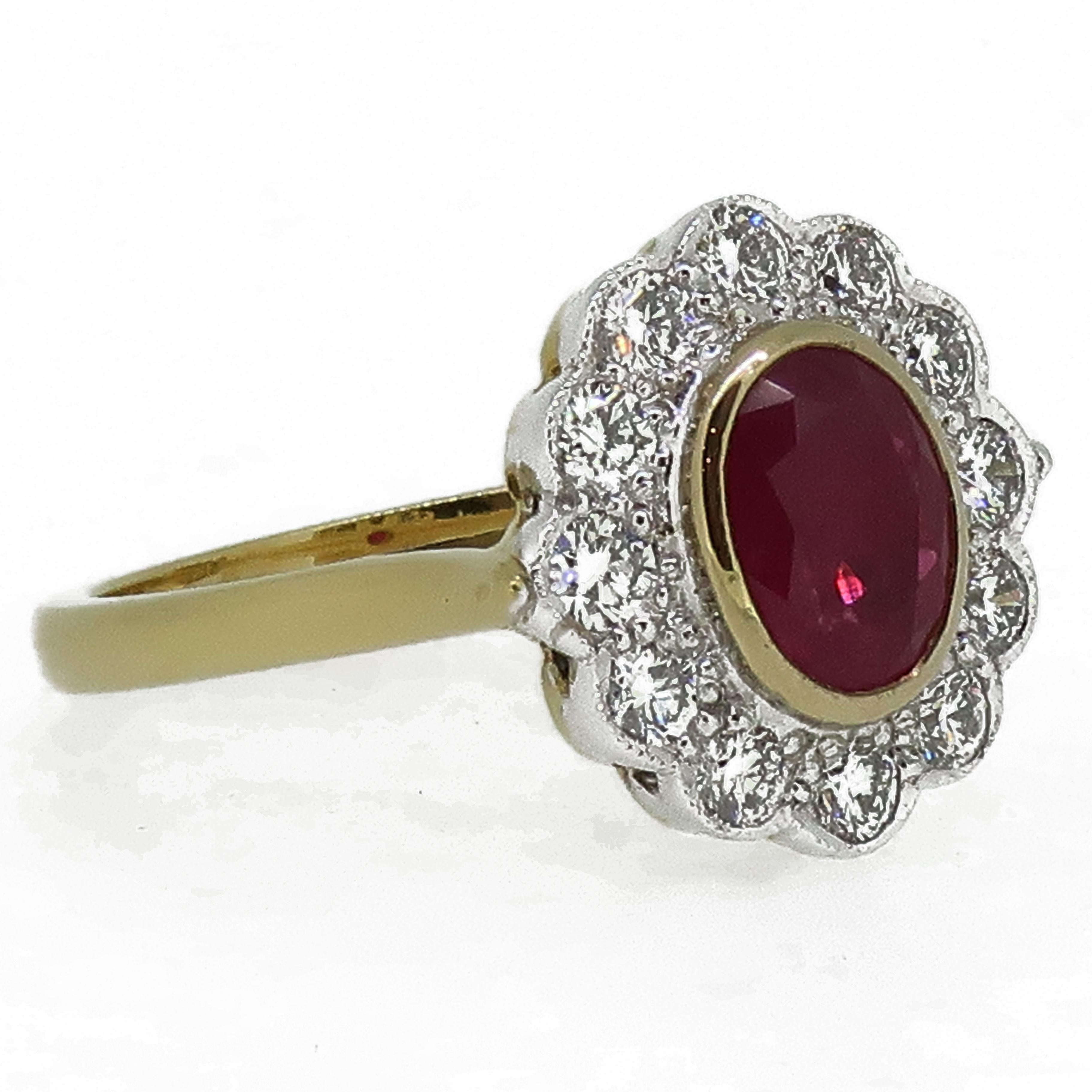 Women's 18 Karat Yellow and White Gold Oval Ruby and Diamond Art Deco Style Cluster Ring For Sale