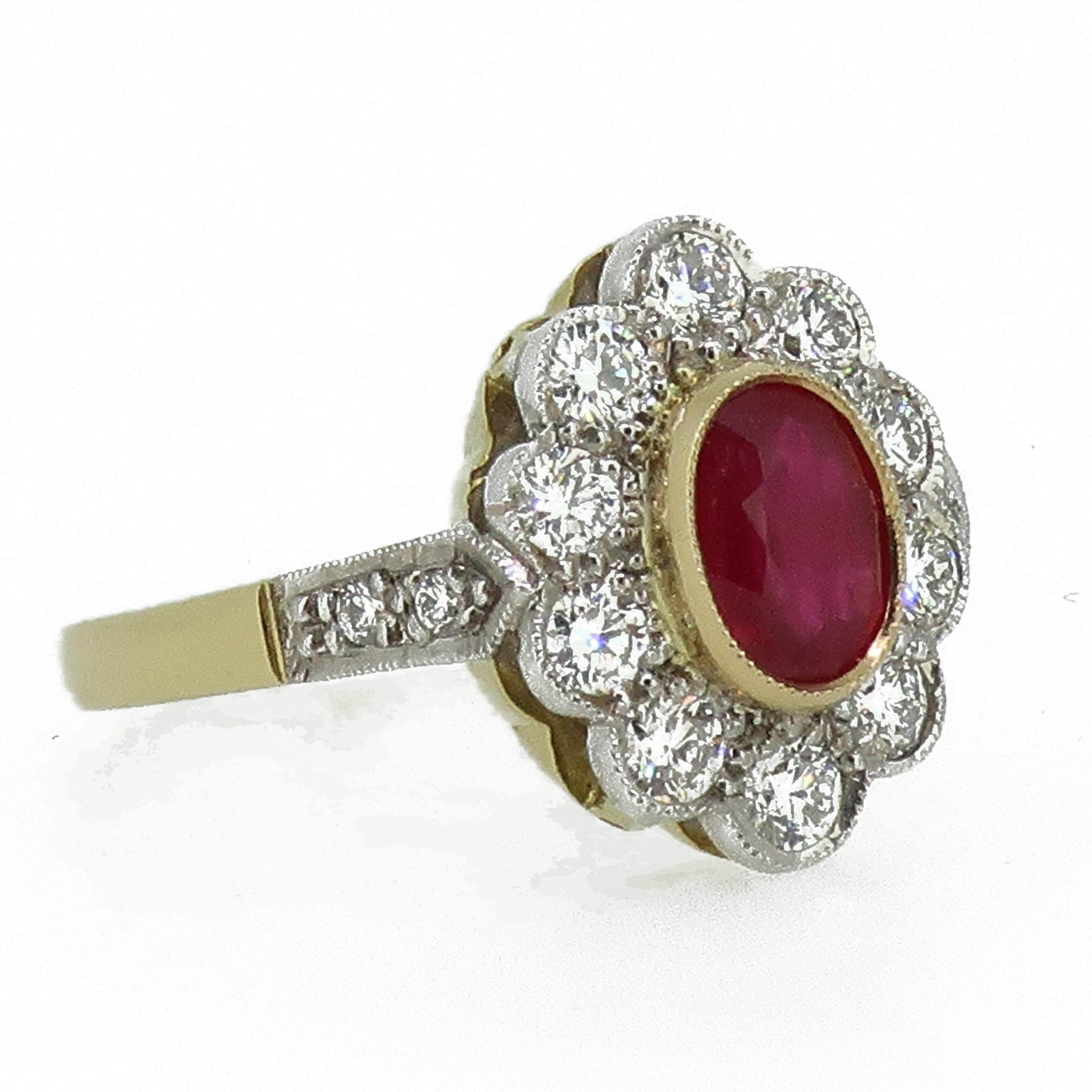 18 Karat Yellow and White Gold Oval Ruby and Diamond Art Deco Style Cluster Ring For Sale 1