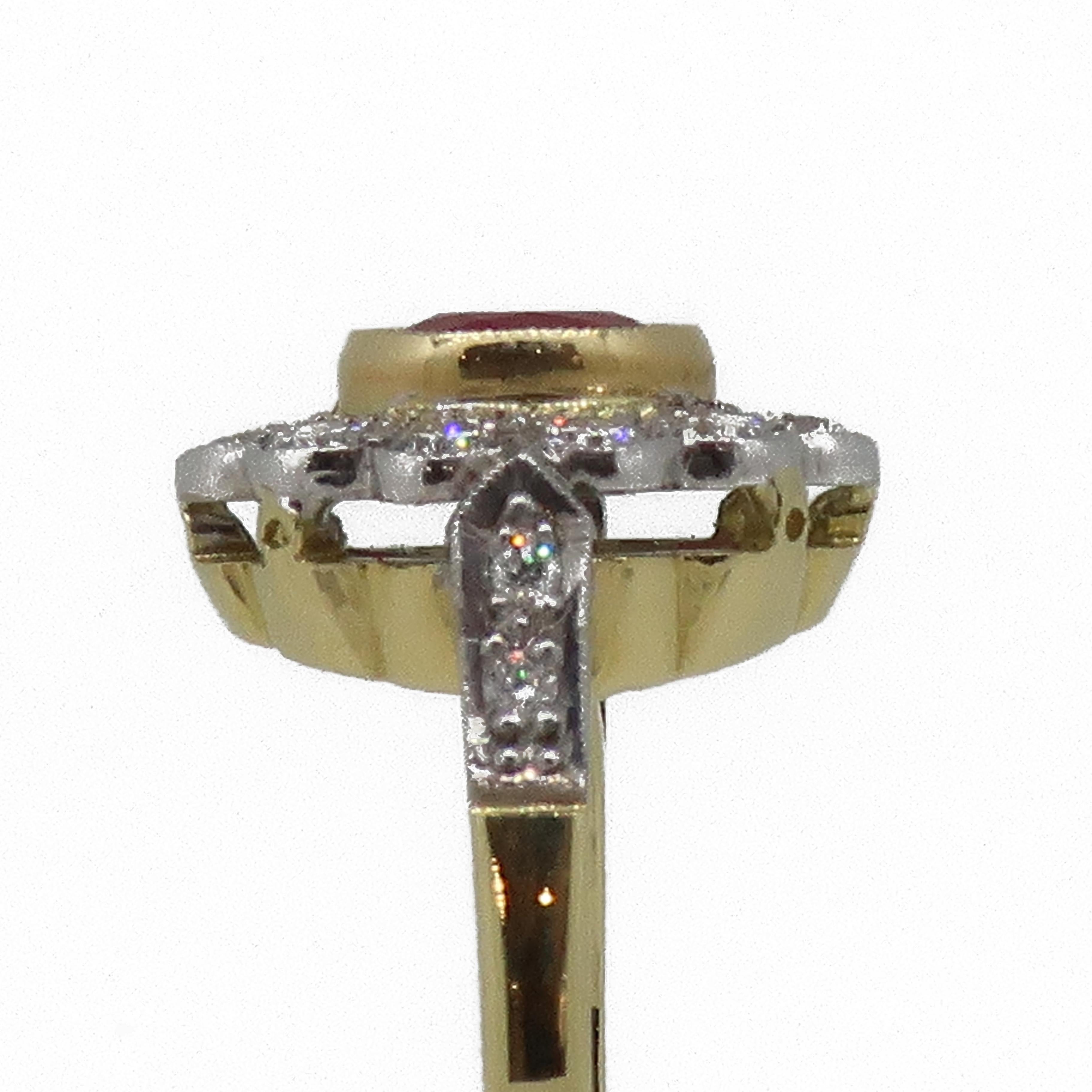 18 Karat Yellow and White Gold Oval Ruby and Diamond Art Deco Style Cluster Ring For Sale 2