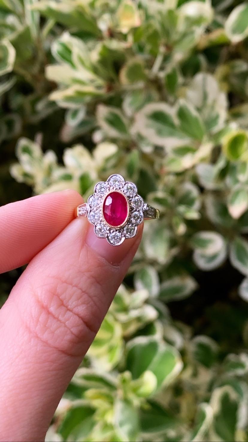 18 Karat Yellow and White Gold Oval Ruby and Diamond Art Deco Style Cluster Ring For Sale 3