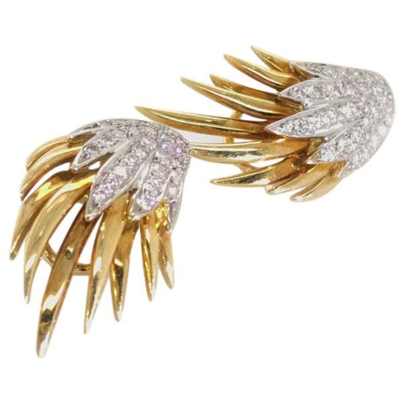 Round Cut 18 Karat Yellow and White Gold Pave Diamond Flame Earrings For Sale