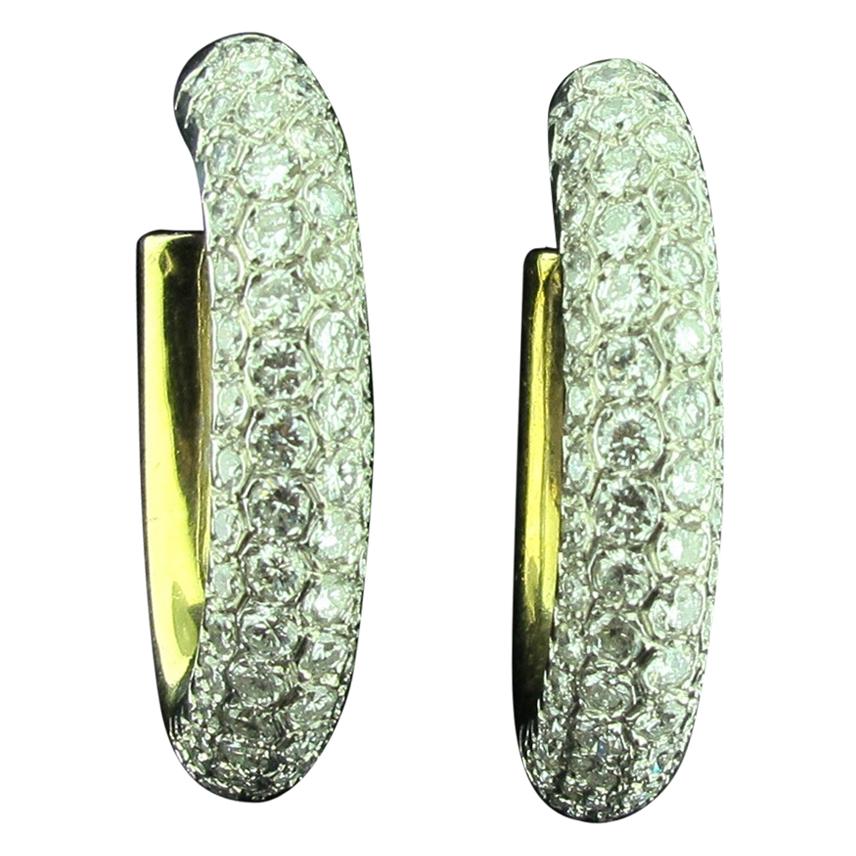 18 Karat Yellow and White Gold Pave Diamond Hoop Earrings with 10.00 Carat