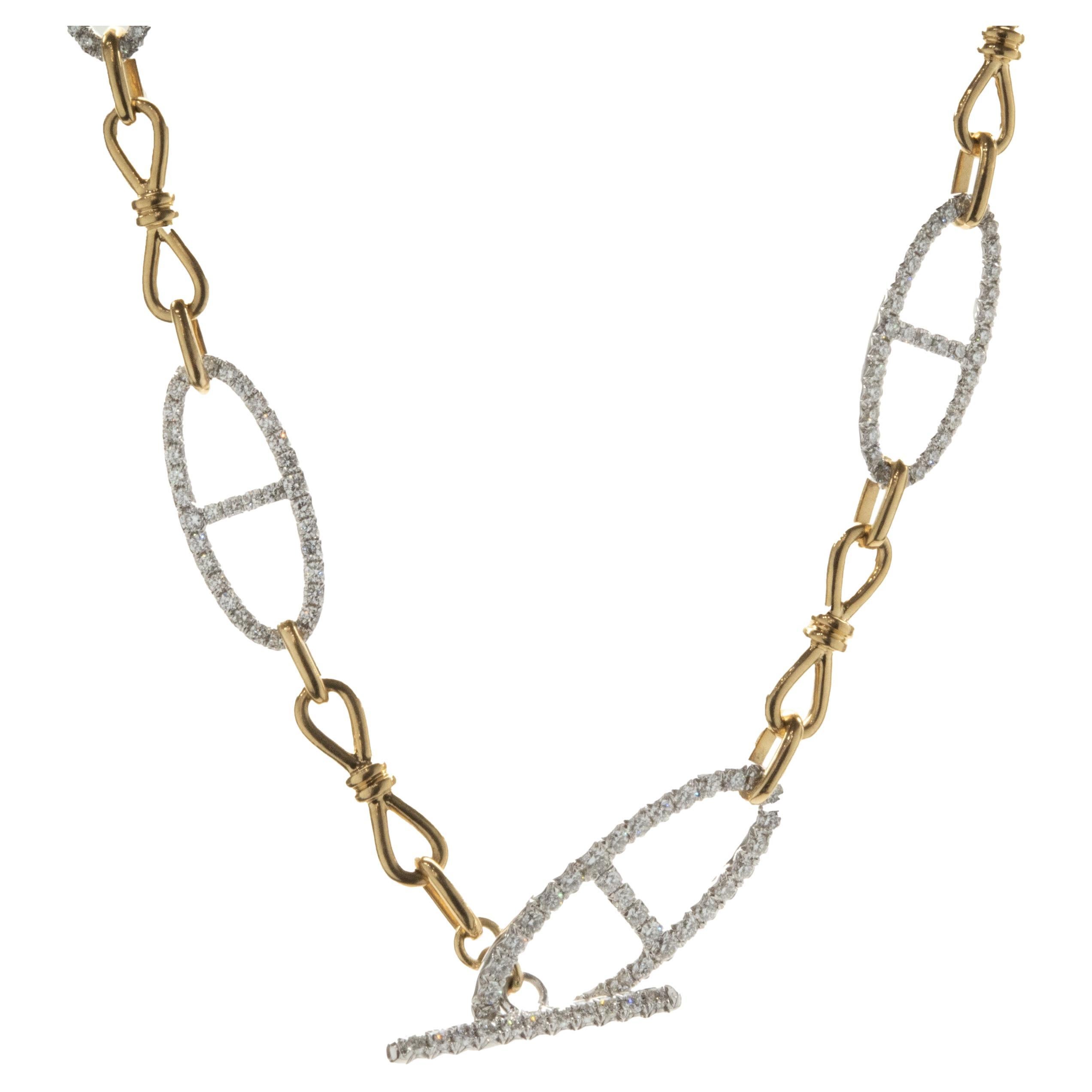 18 Karat Yellow and White Gold Pave Diamond Mariner Station Link Necklace For Sale