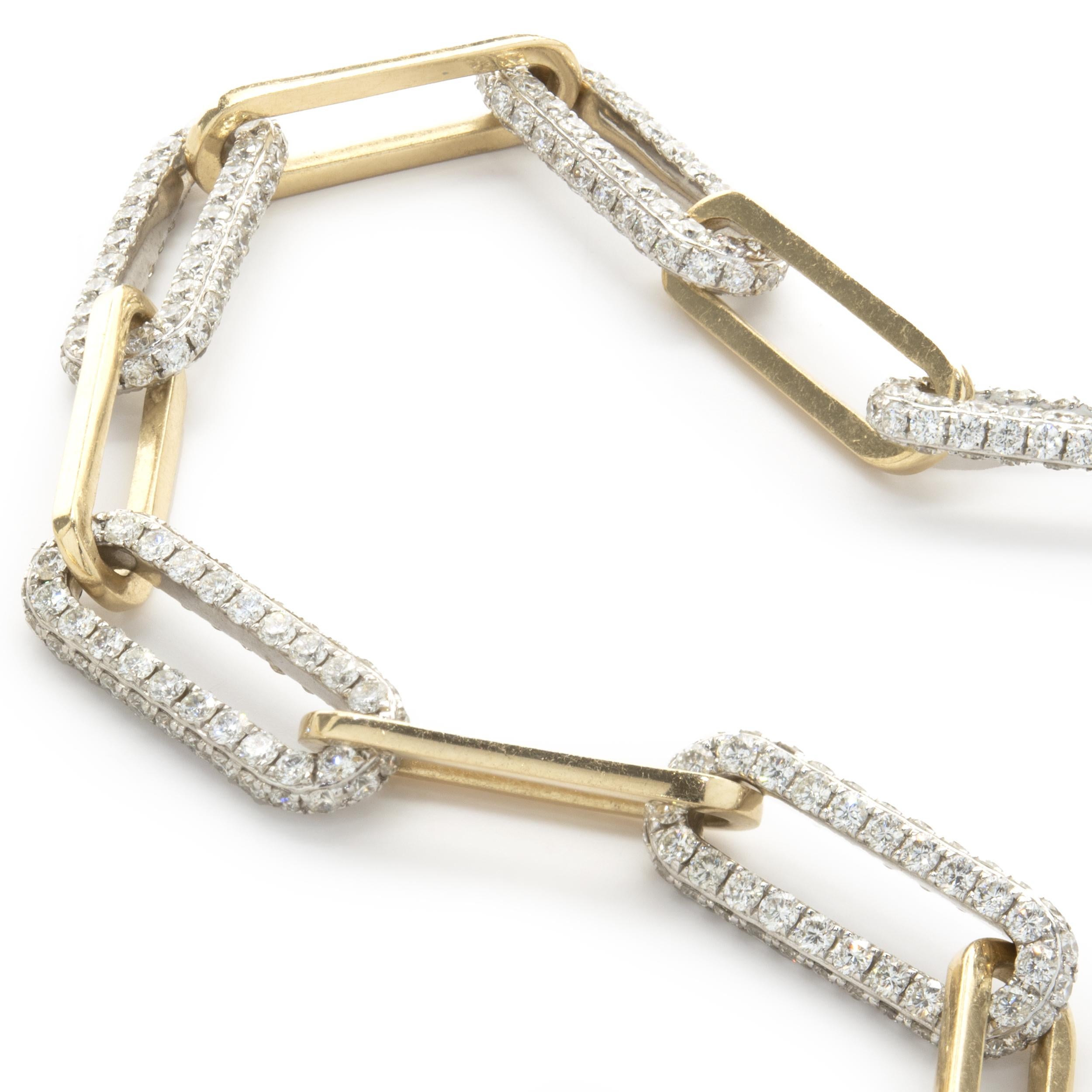 Round Cut 18 Karat Yellow and White Gold Pave Diamond Station Paperclip Link Necklace For Sale