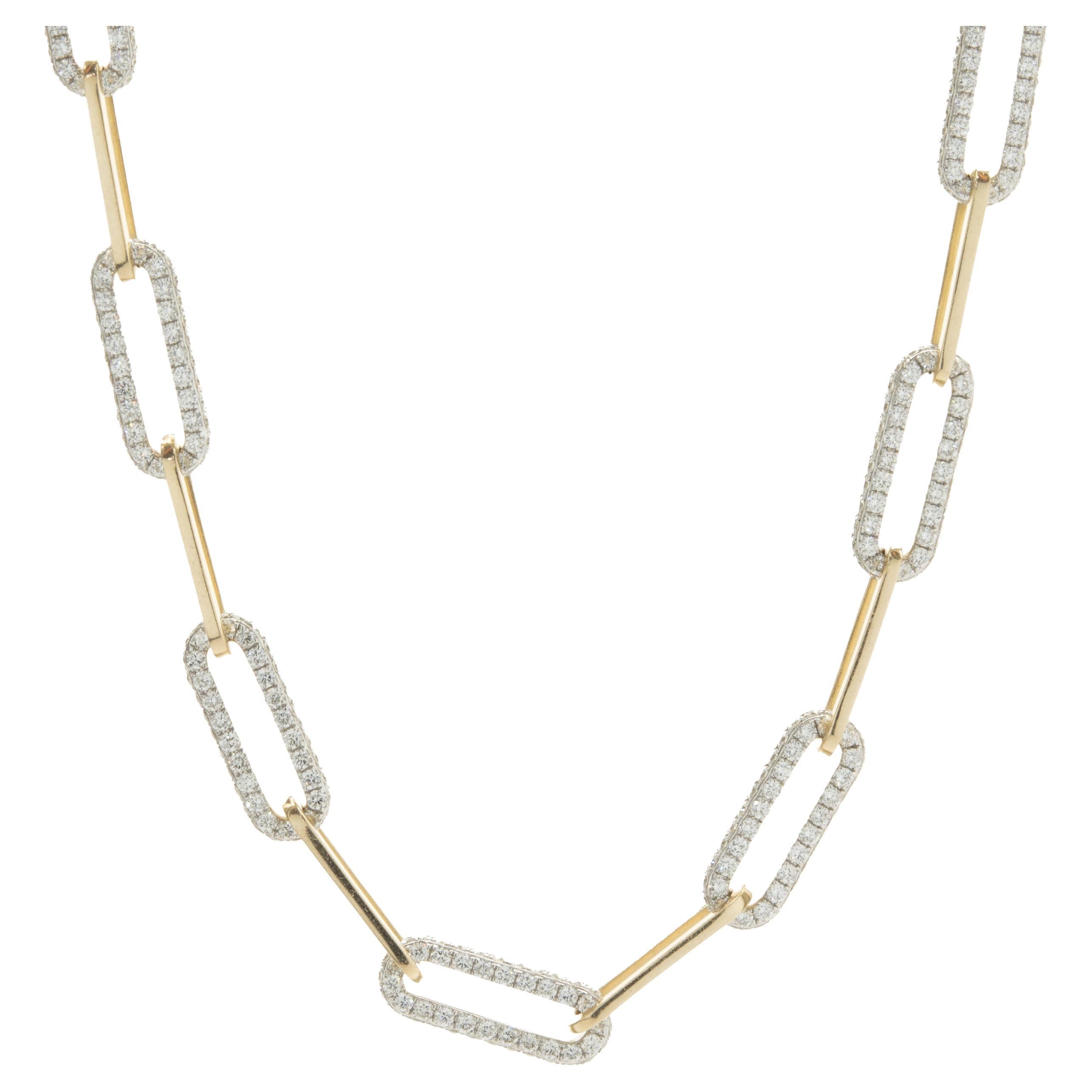 18 Karat Yellow and White Gold Pave Diamond Station Paperclip Link Necklace For Sale