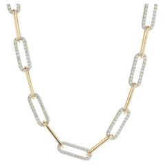 18 Karat Yellow and White Gold Pave Diamond Station Paperclip Link Necklace