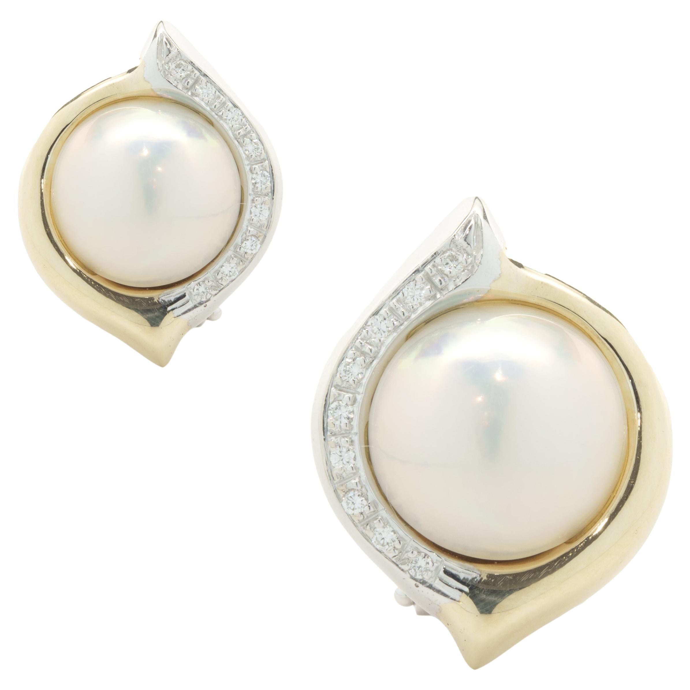 18 Karat Yellow and White Gold Pearl and Diamond Earrings For Sale
