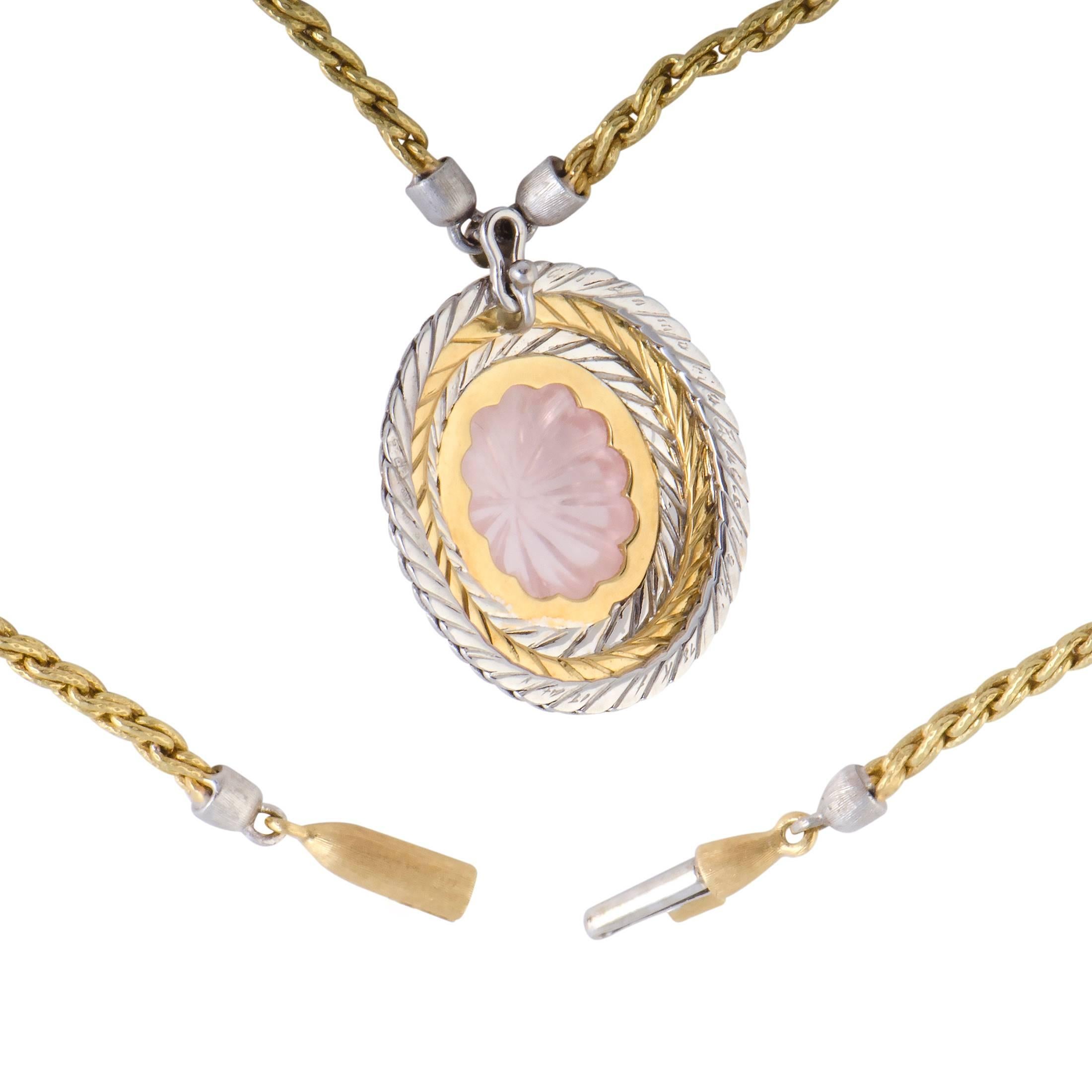 18 Karat Yellow and White Gold Pink Tourmaline Oval Pendant Necklace In Excellent Condition In Southampton, PA