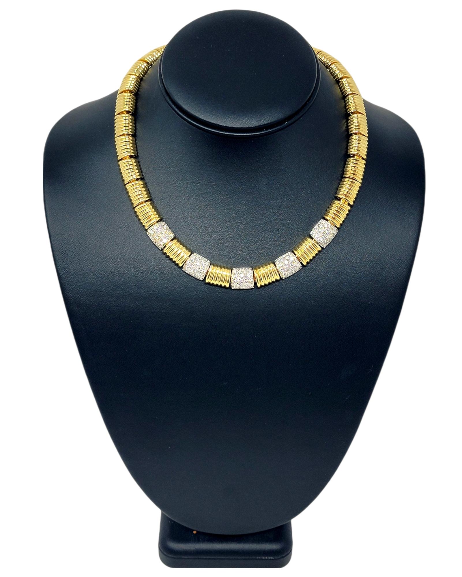 18 Karat Yellow and White Gold Ridged Link Choker Necklace with Pave Diamonds For Sale 6