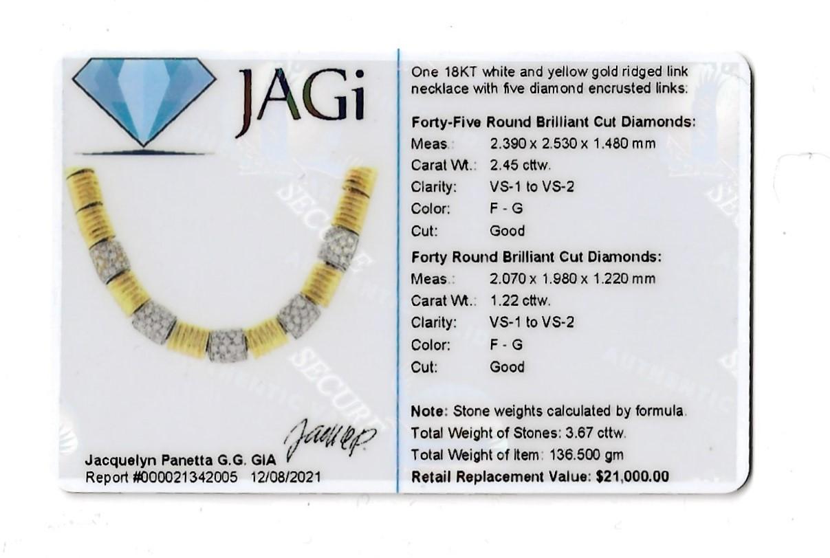 18 Karat Yellow and White Gold Ridged Link Choker Necklace with Pave Diamonds For Sale 7