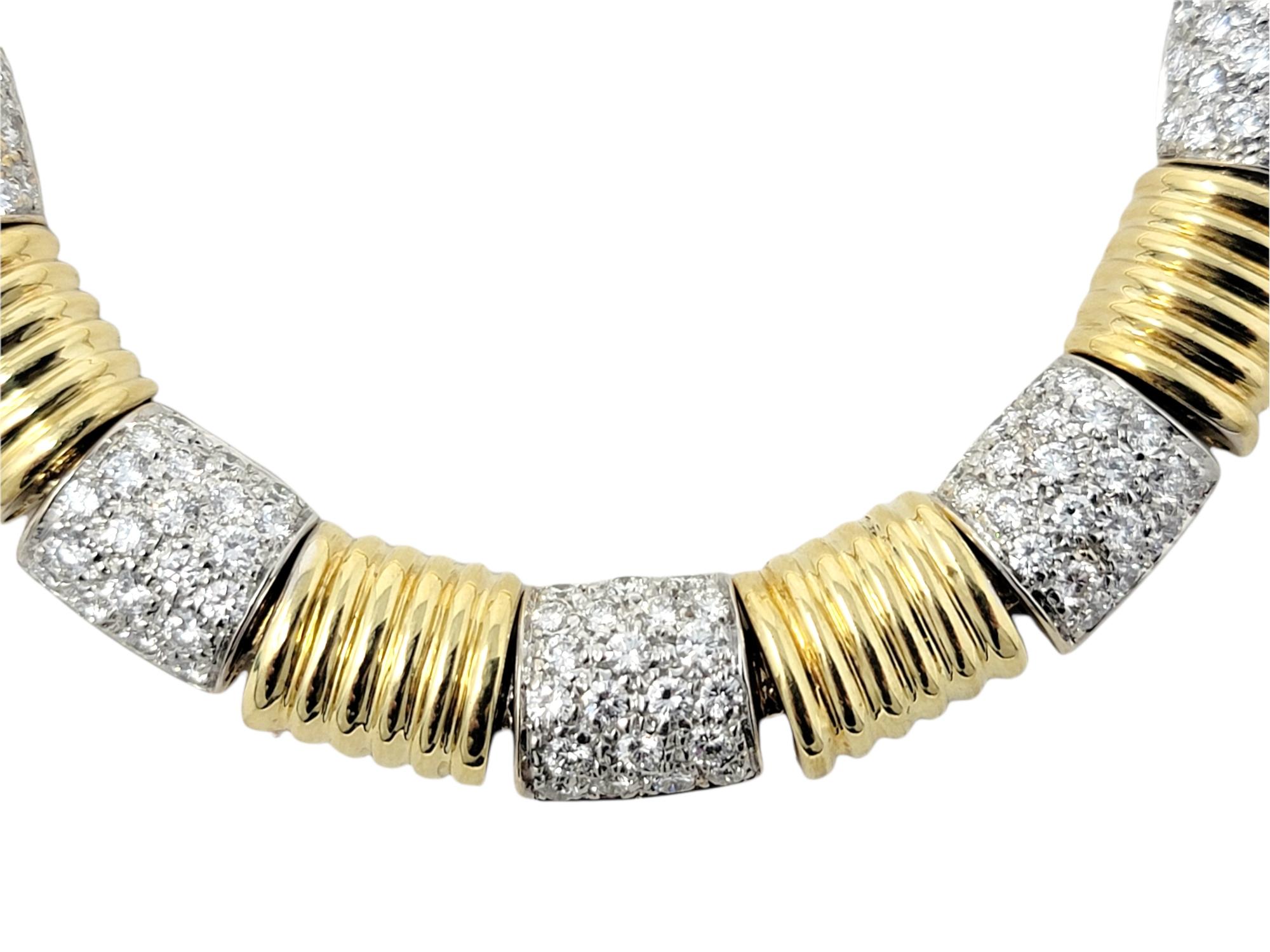 Contemporary 18 Karat Yellow and White Gold Ridged Link Choker Necklace with Pave Diamonds For Sale
