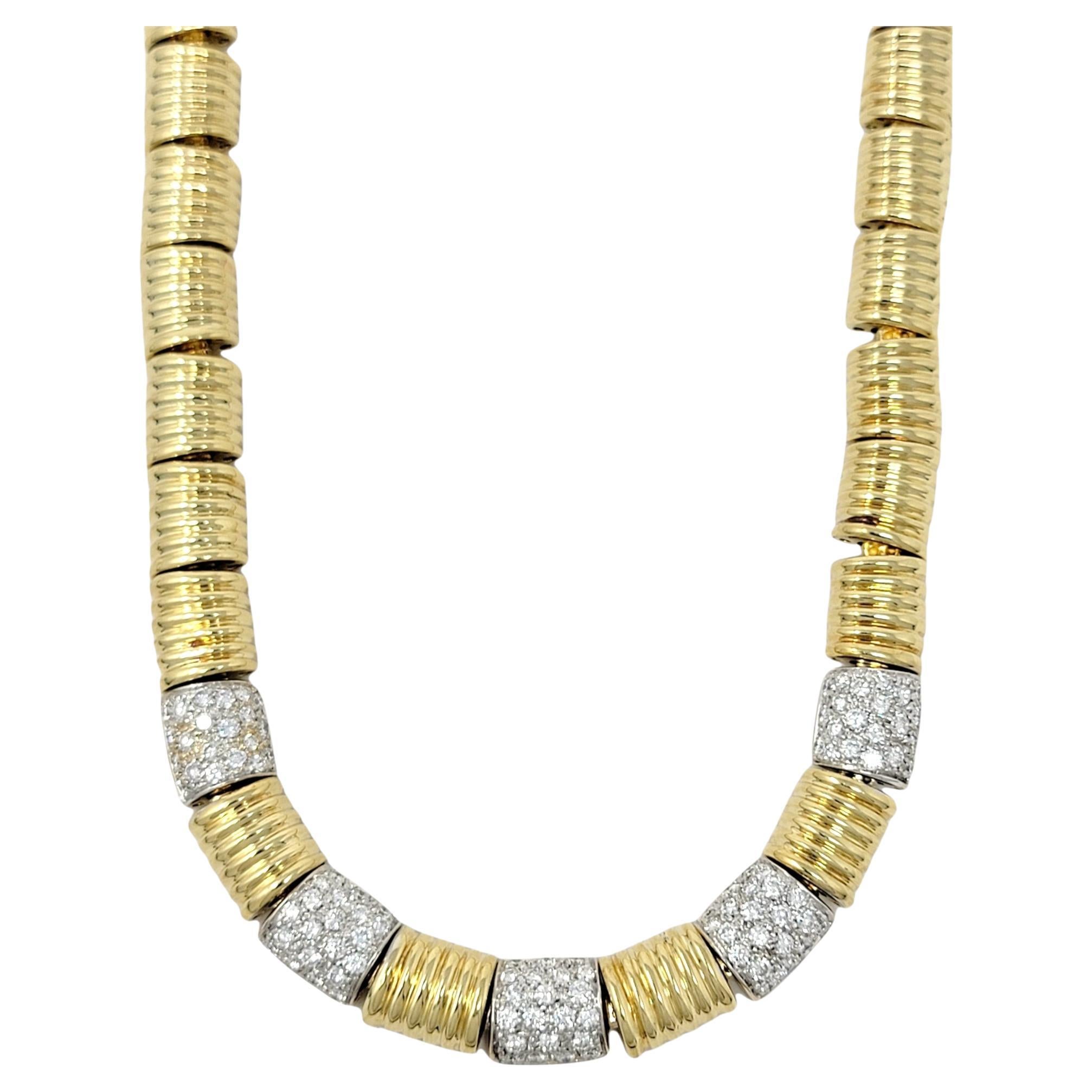 18 Karat Yellow and White Gold Ridged Link Choker Necklace with Pave Diamonds For Sale