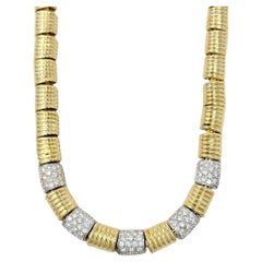 18 Karat Yellow and White Gold Ridged Link Choker Necklace with Pave Diamonds