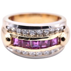 18 Karat Yellow and White Gold Ruby and Diamond Channel Set Ring
