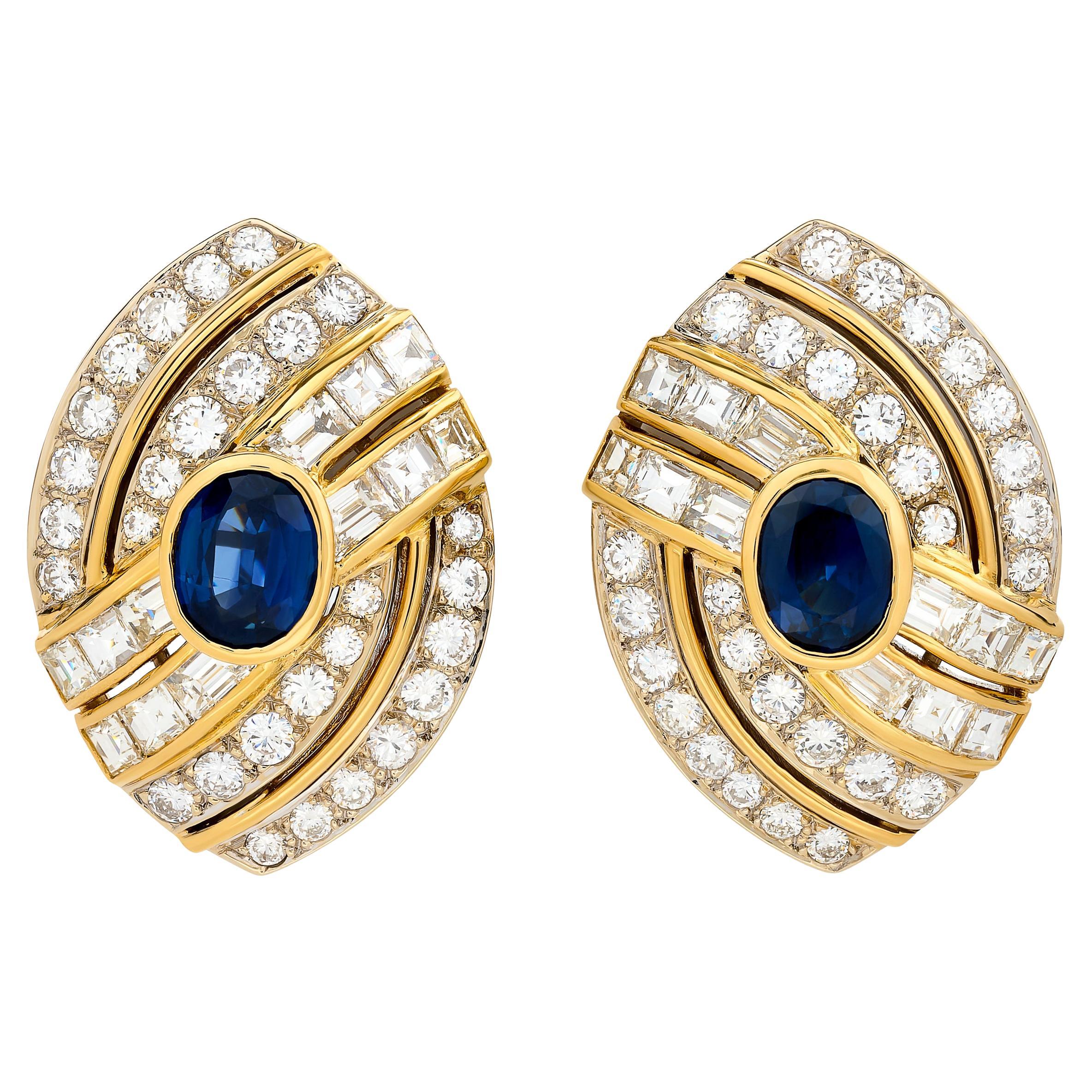 18 Karat Yellow and White Gold Sapphire and Diamond Earrings For Sale
