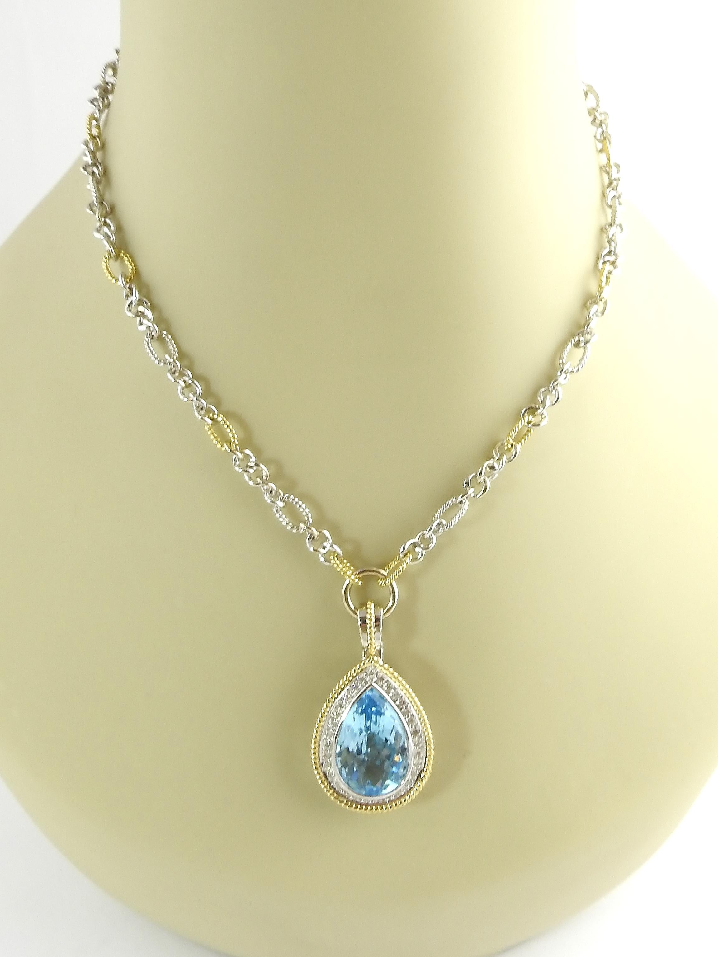 18 Karat Yellow and White Gold Blue Topaz and Diamond Pendant Necklace 6