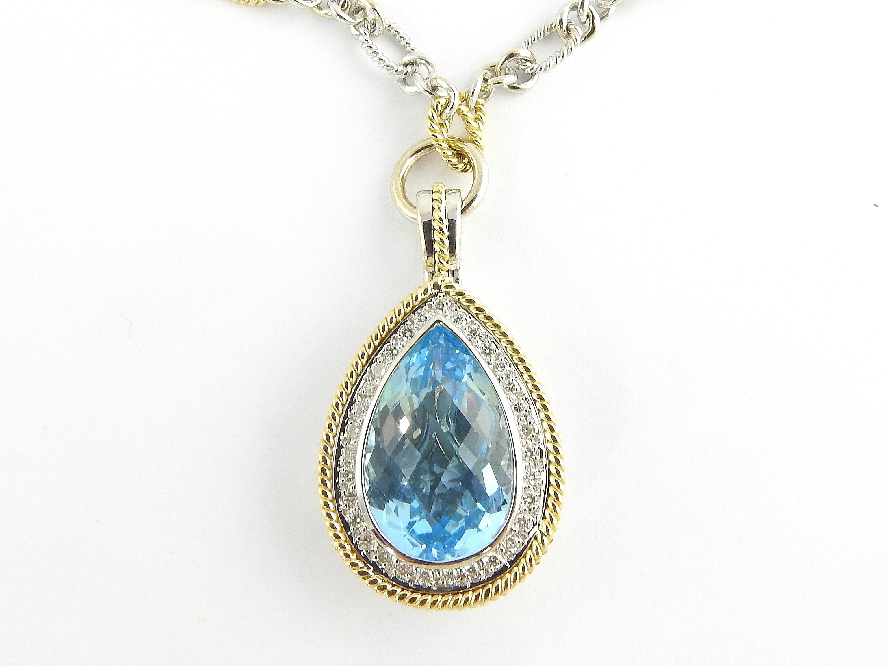 Round Cut 18 Karat Yellow and White Gold Blue Topaz and Diamond Pendant Necklace