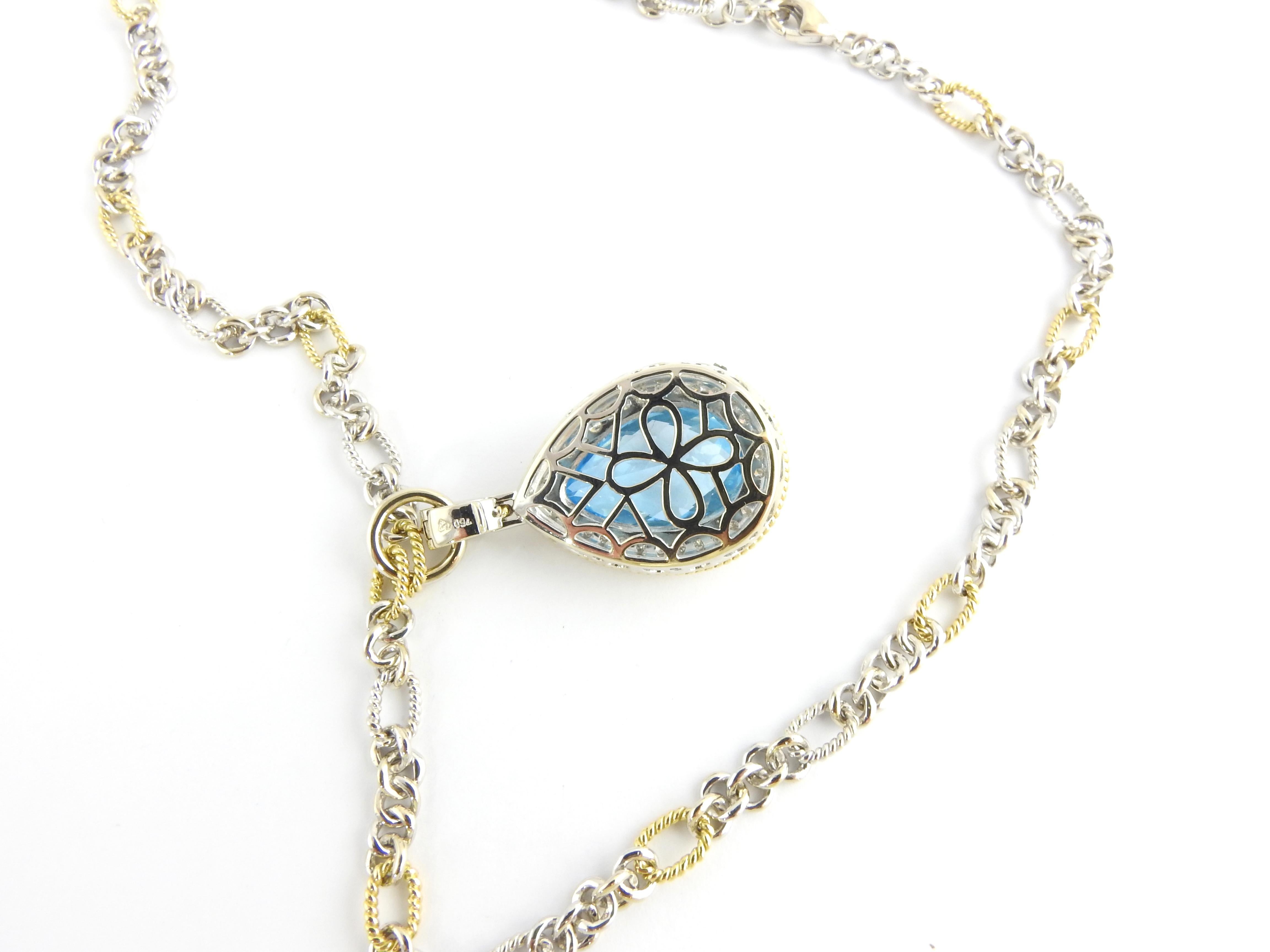 Women's or Men's 18 Karat Yellow and White Gold Blue Topaz and Diamond Pendant Necklace
