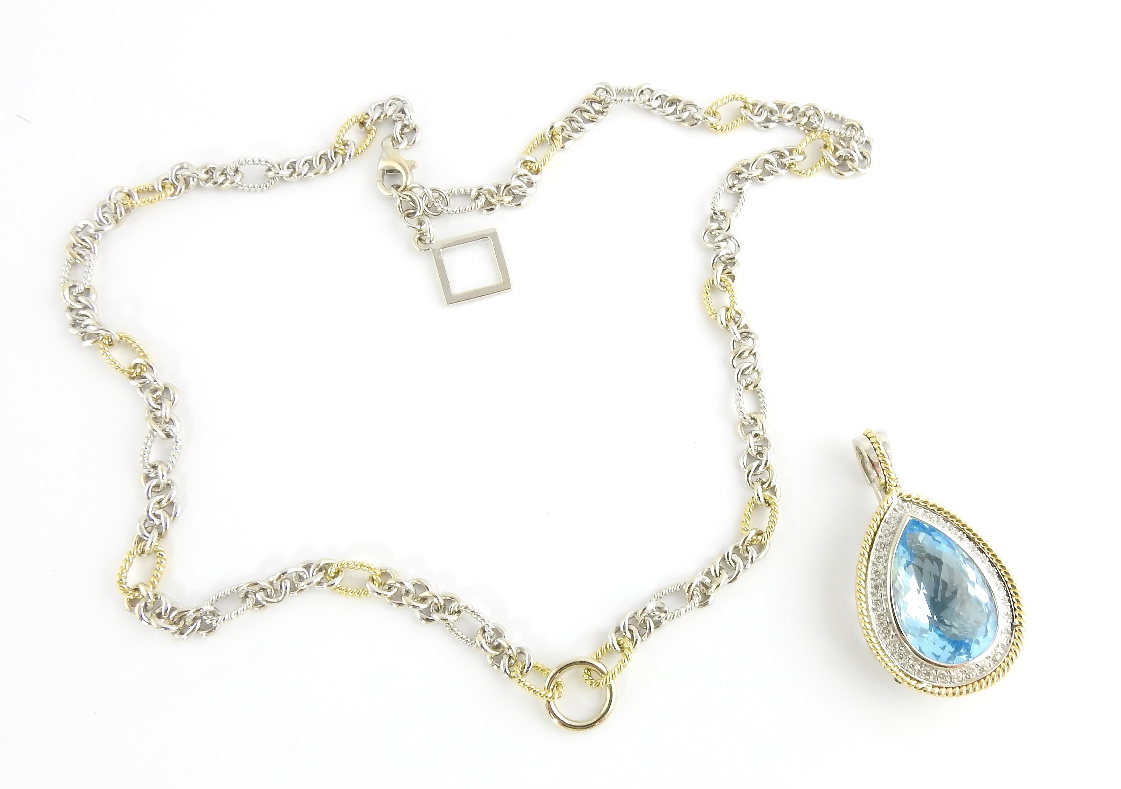 18 Karat Yellow and White Gold Blue Topaz and Diamond Pendant Necklace 2