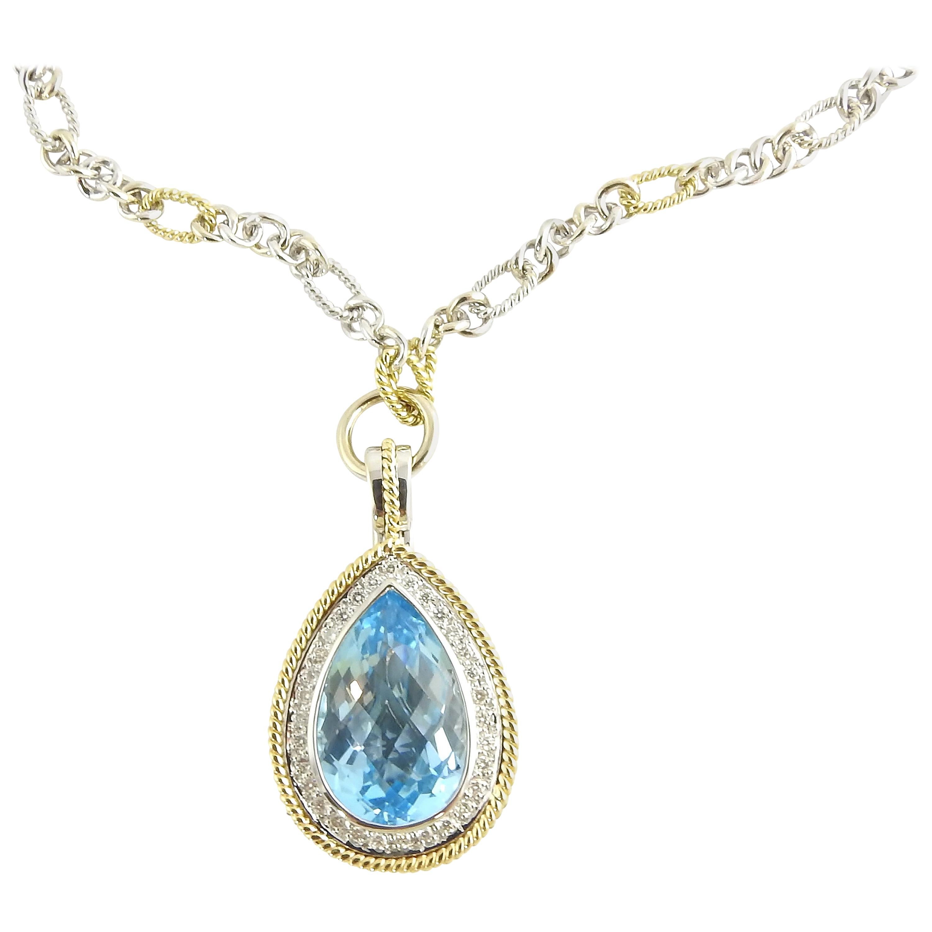 18 Karat Yellow and White Gold Blue Topaz and Diamond Pendant Necklace